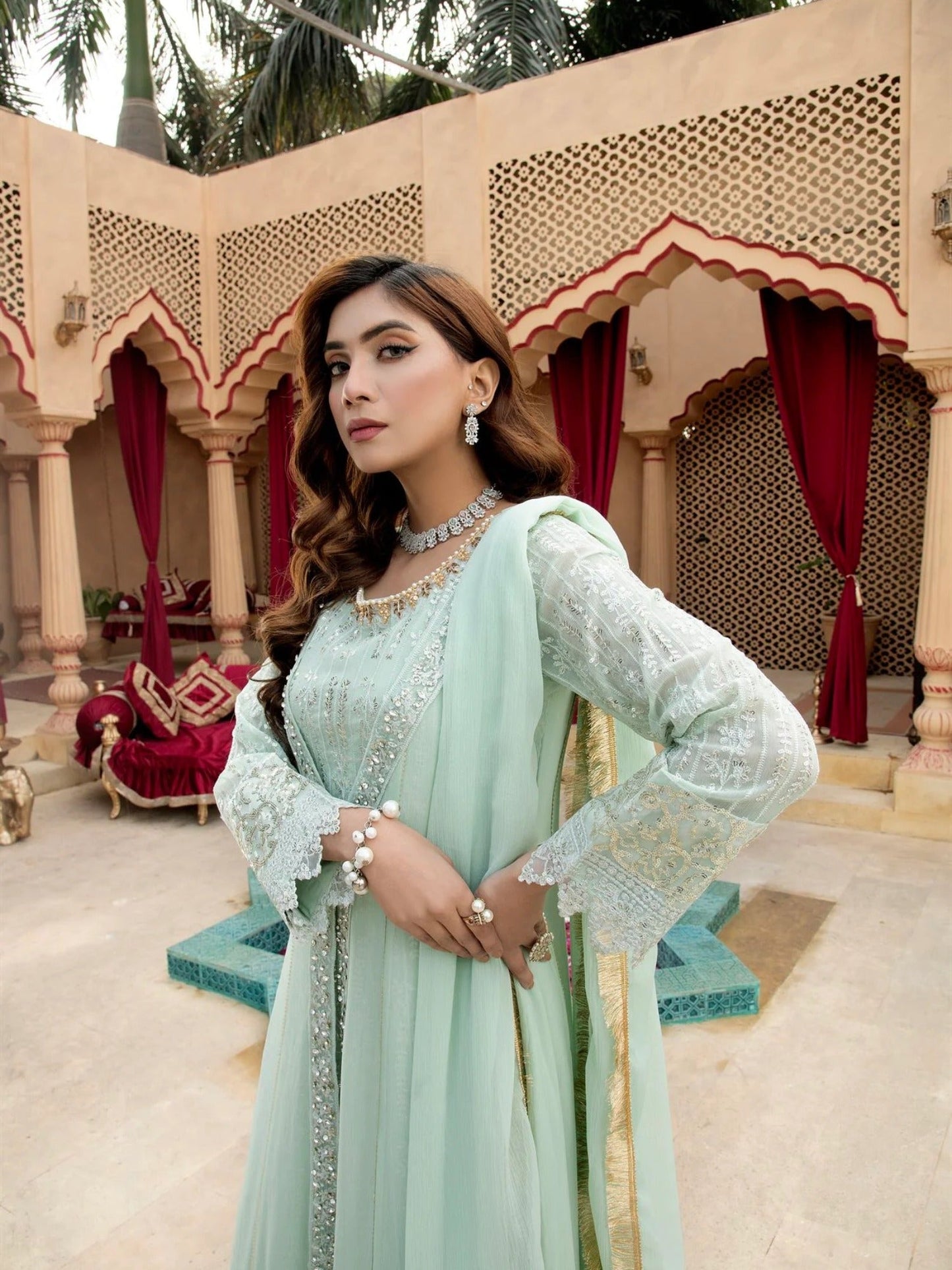 Manahil Arts Chiffon Embroidered Stitched 3-Piece Suit-Kurti-B-005-Aqua