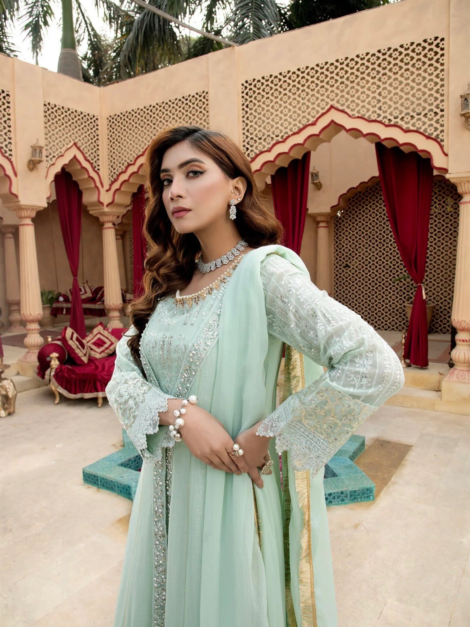 Manahil Arts Chiffon Embroidered Stitched 3-Piece Suit-Kurti-B-005-Aqua