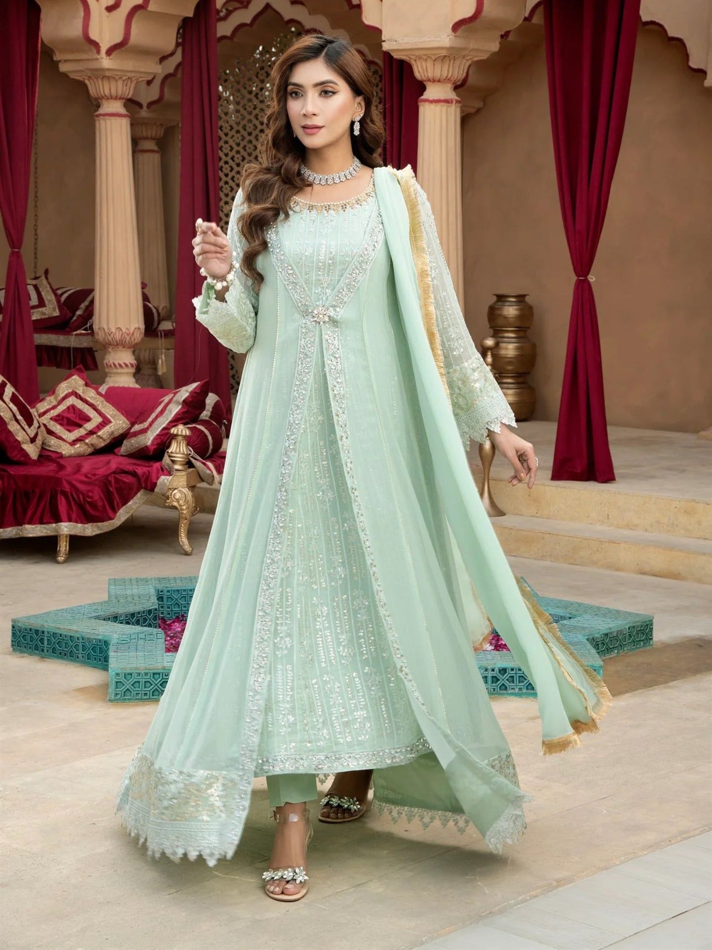 Manahil Arts Chiffon Embroidered Stitched 3-Piece Suit-Kurti-B-005-Aqua