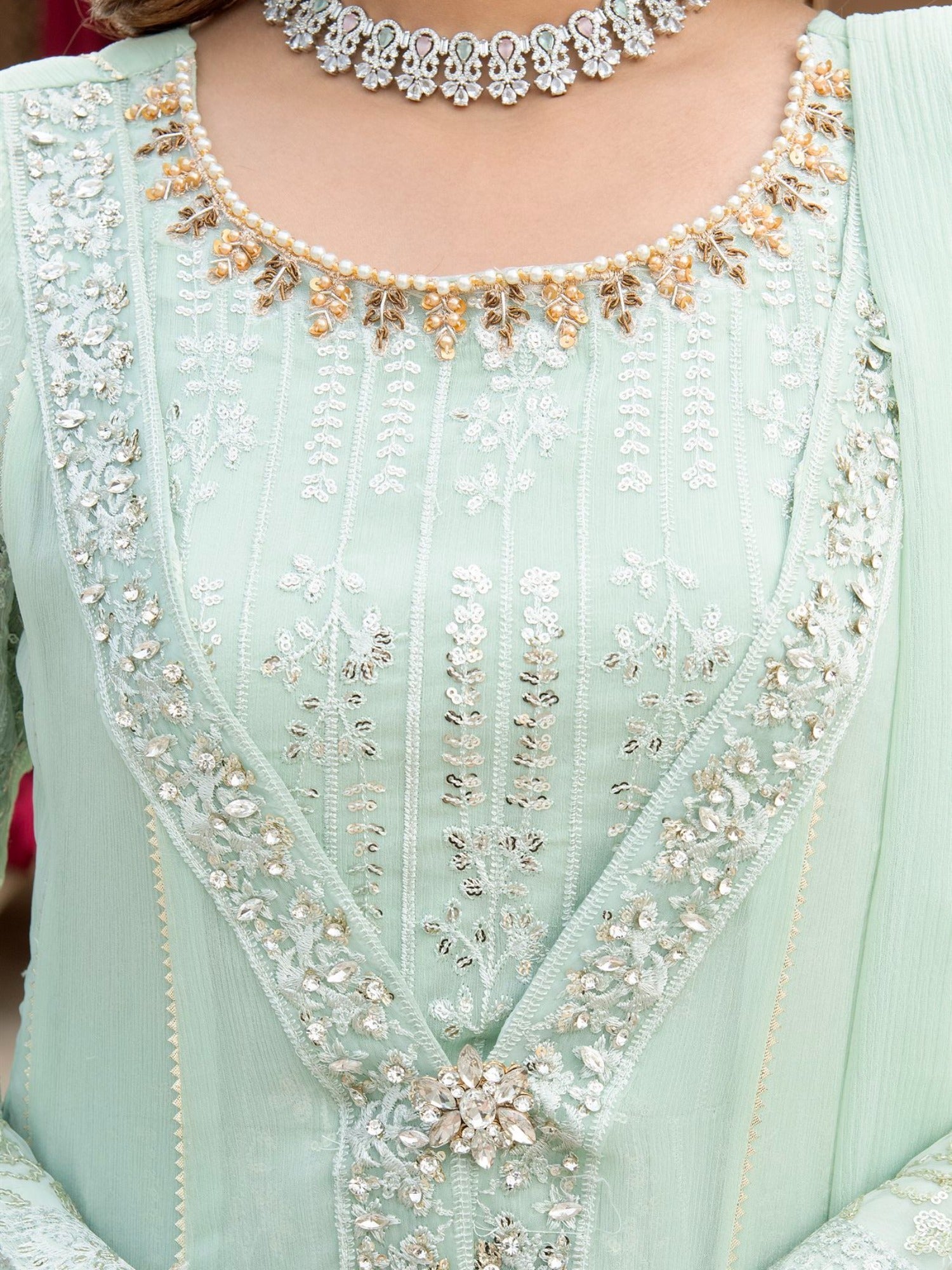 Manahil Arts Chiffon Embroidered Stitched 3-Piece Suit-Kurti-B-005-Aqua
