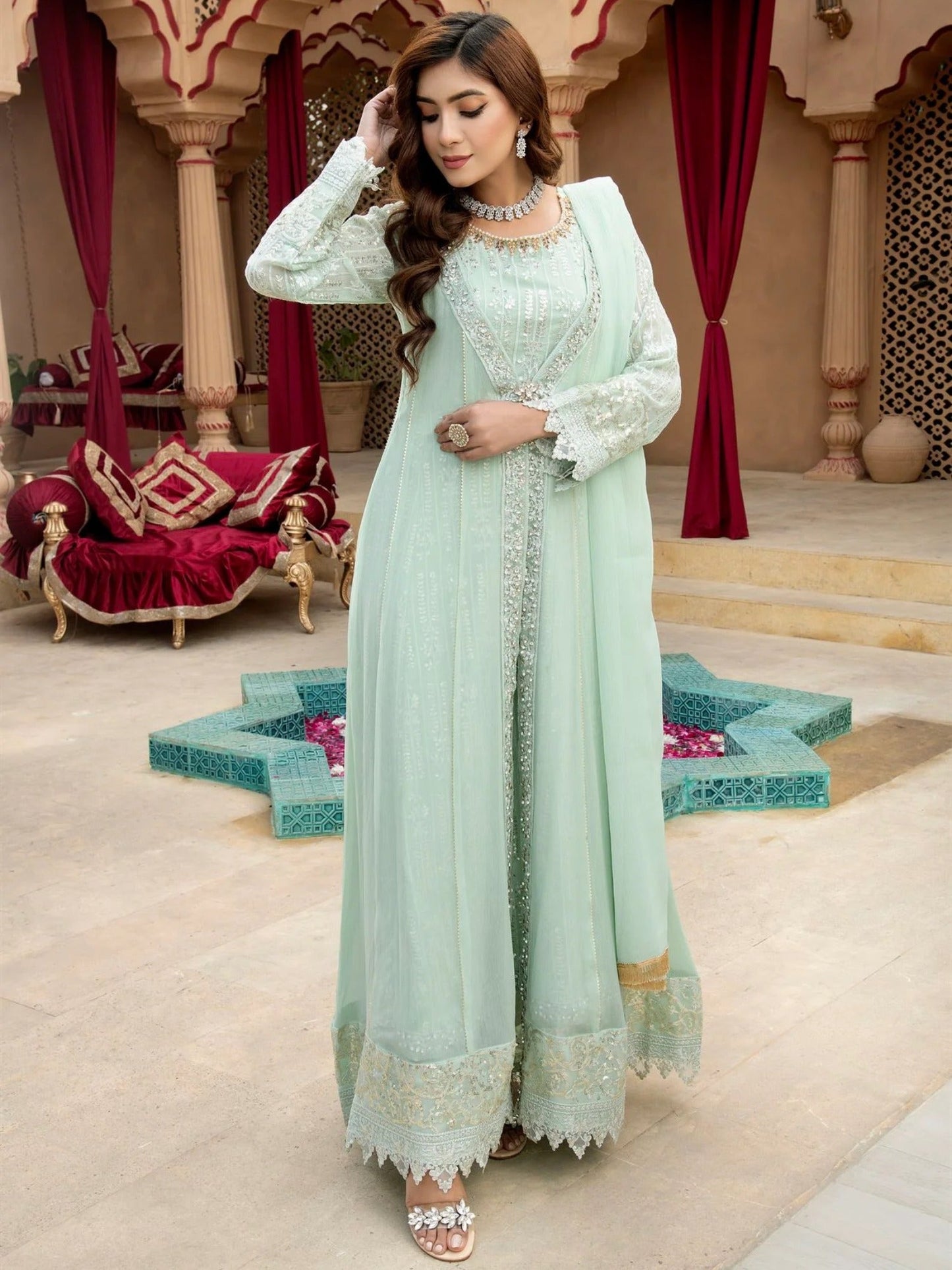 Manahil Arts Chiffon Embroidered Stitched 3-Piece Suit-Kurti-B-005-Aqua