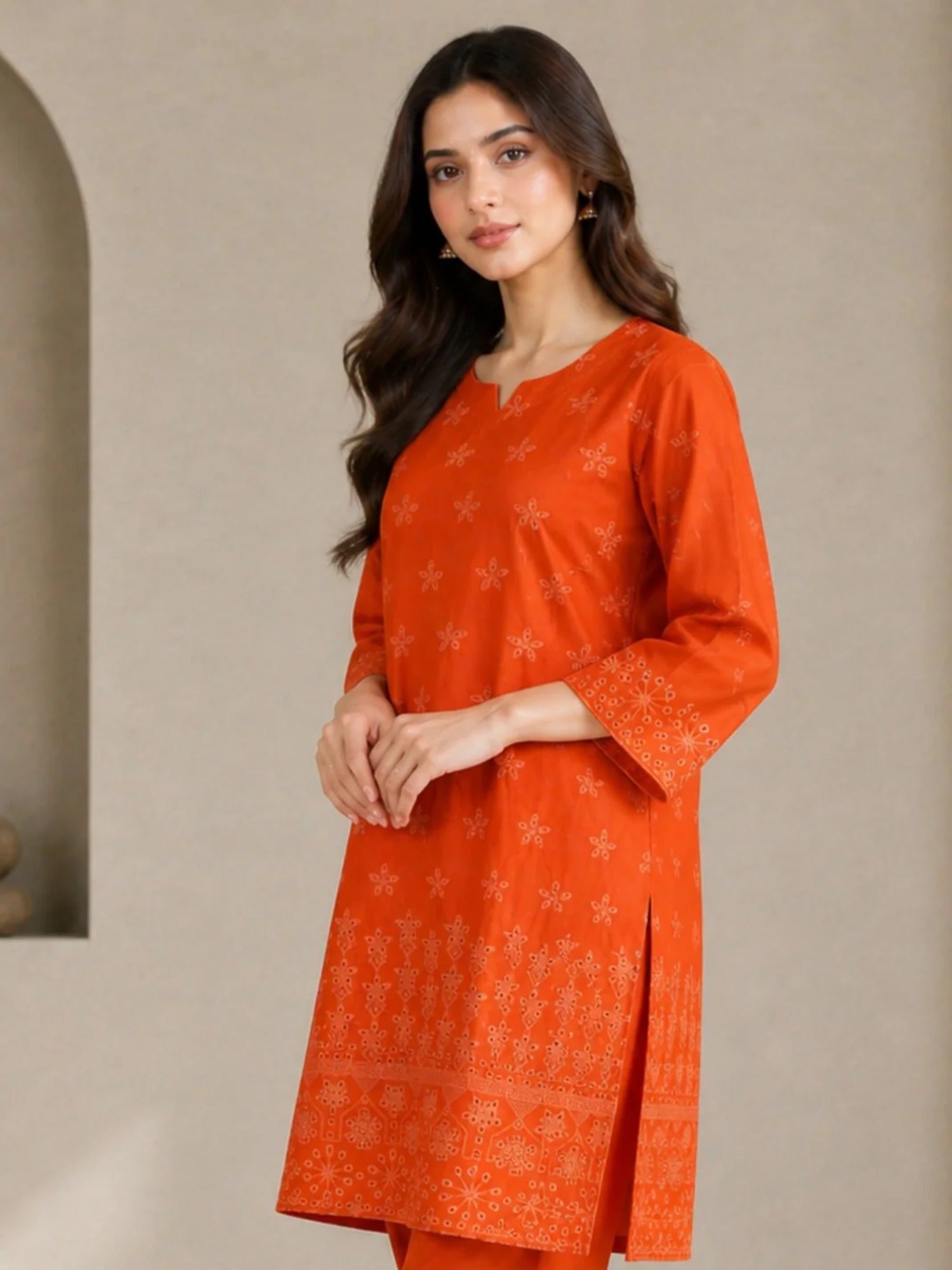 Orange  HEM Cotton Embroidered Stitched 3-Piece Suit-Orange ChikanKari