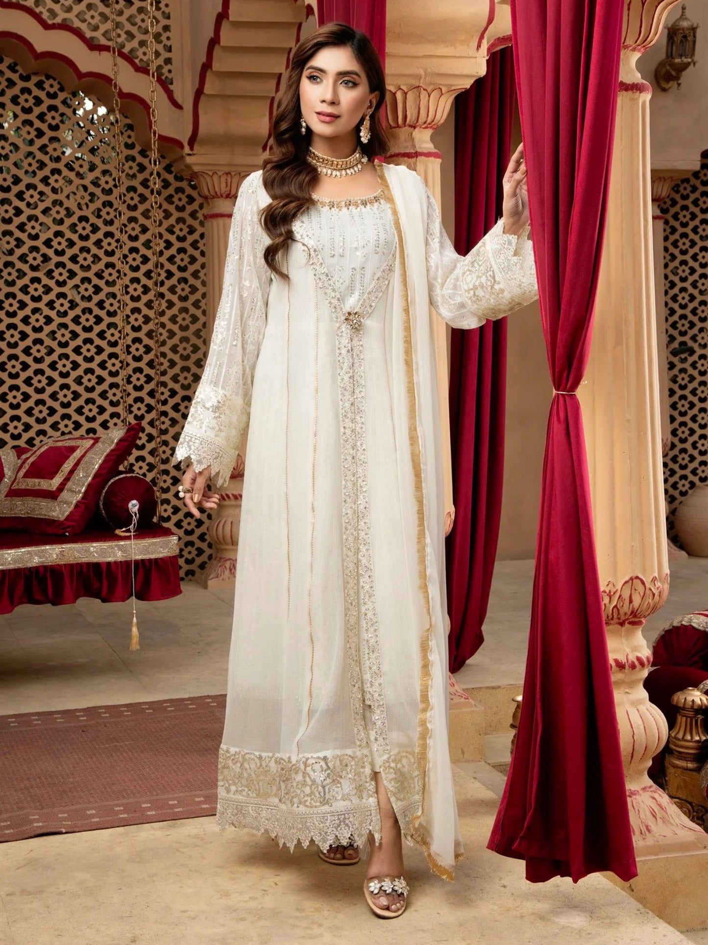 Manahil Arts Chiffon Embroidered Stitched 3-Piece Suit-Kurti-B-005-Off White