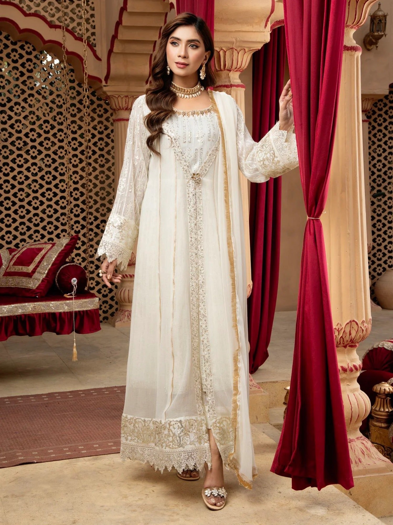 Manahil Arts Chiffon Embroidered Stitched 3-Piece Suit-Kurti-B-005-Off White