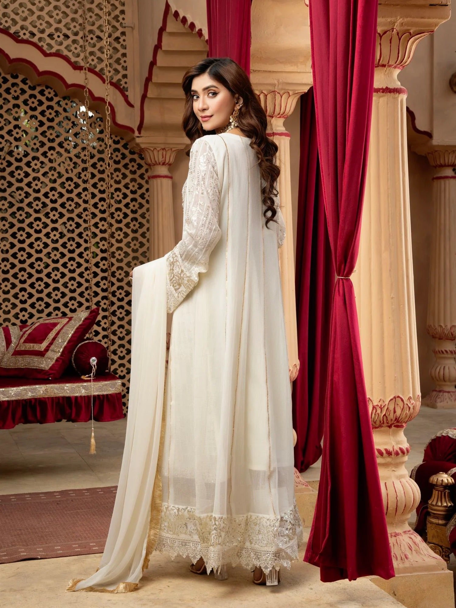 Manahil Arts Chiffon Embroidered Stitched 3-Piece Suit-Kurti-B-005-Off White