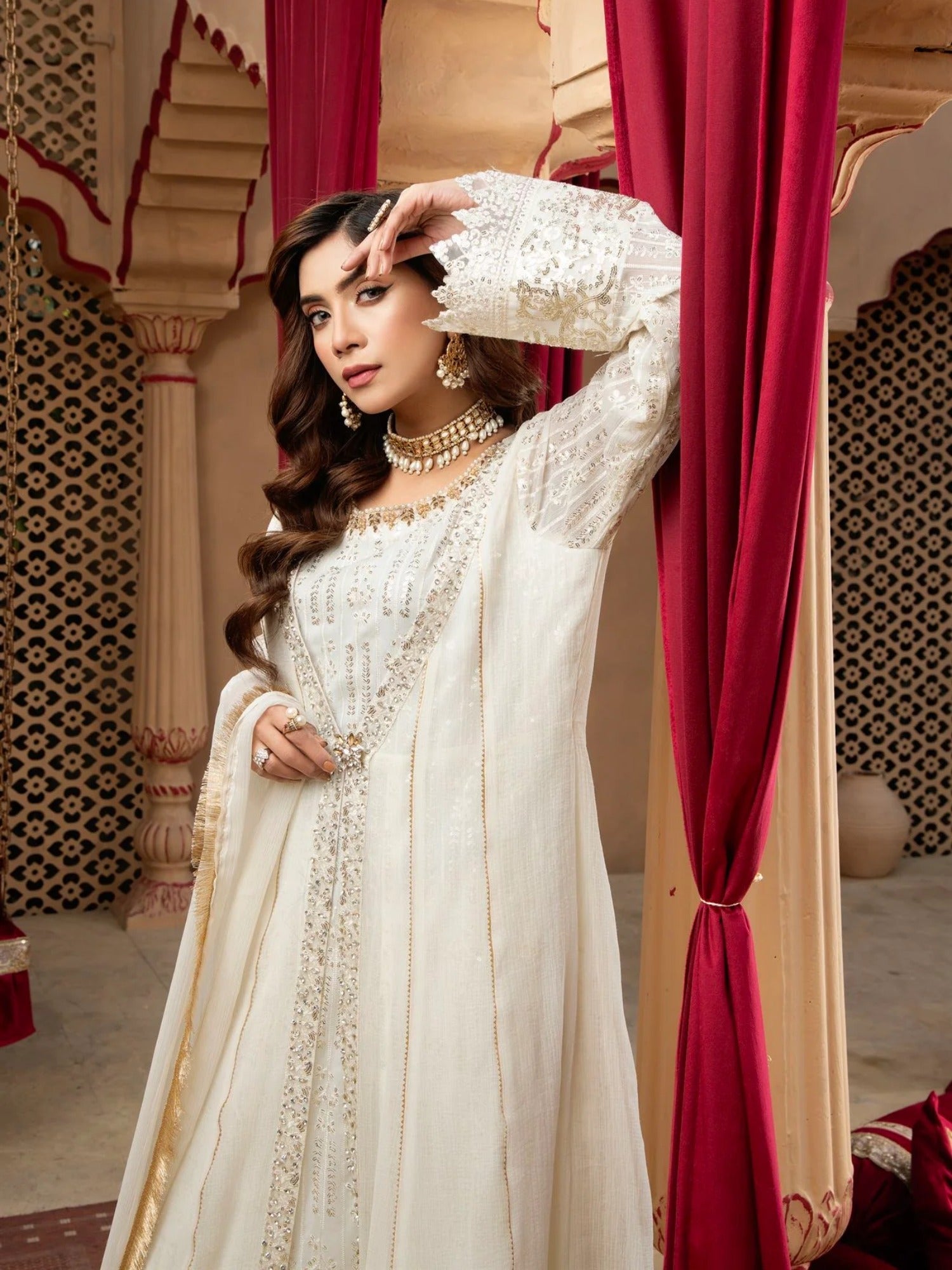 Manahil Arts Chiffon Embroidered Stitched 3-Piece Suit-Kurti-B-005-Off White