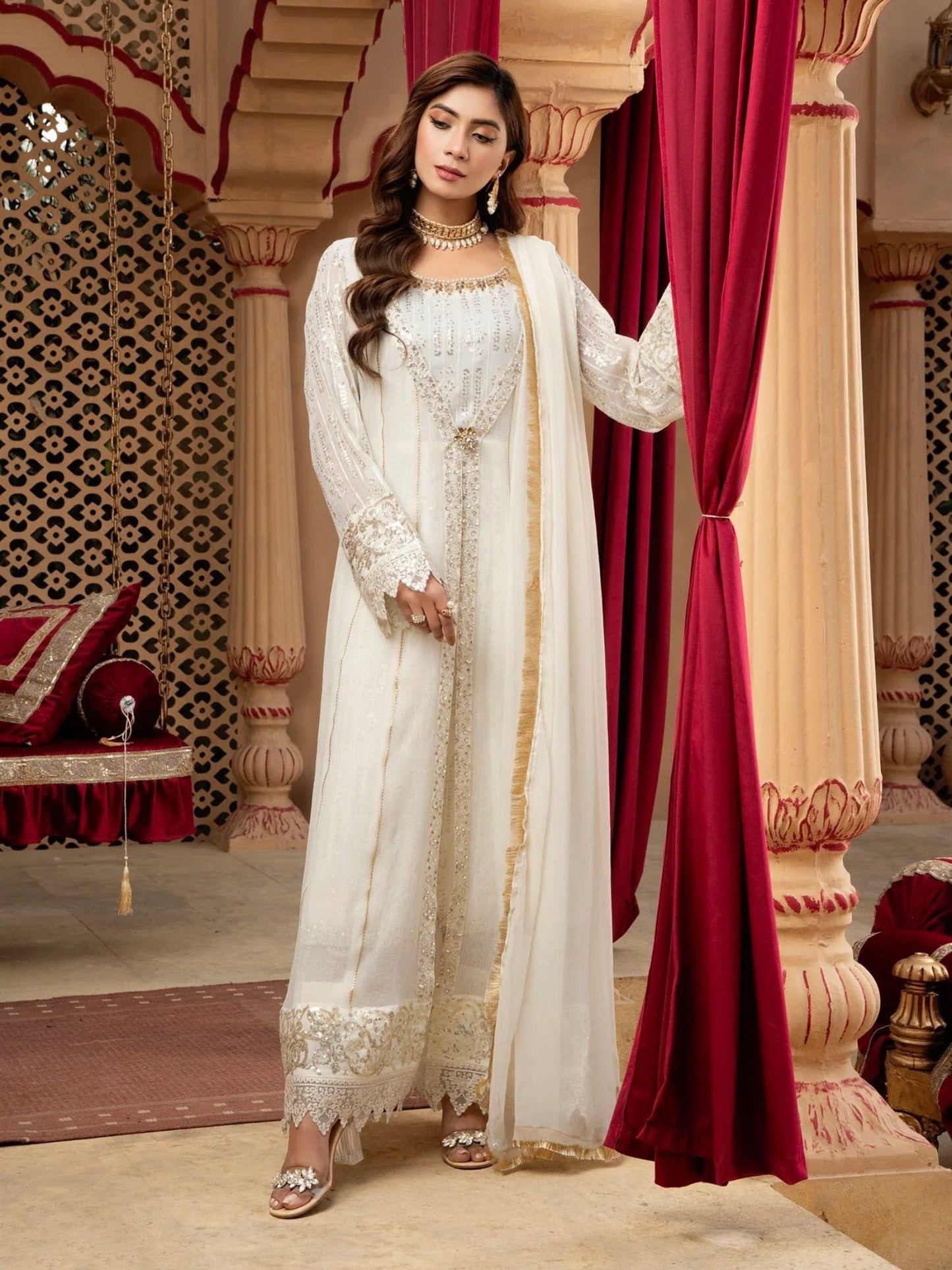 Manahil Arts Chiffon Embroidered Stitched 3-Piece Suit-Kurti-B-005-Off White