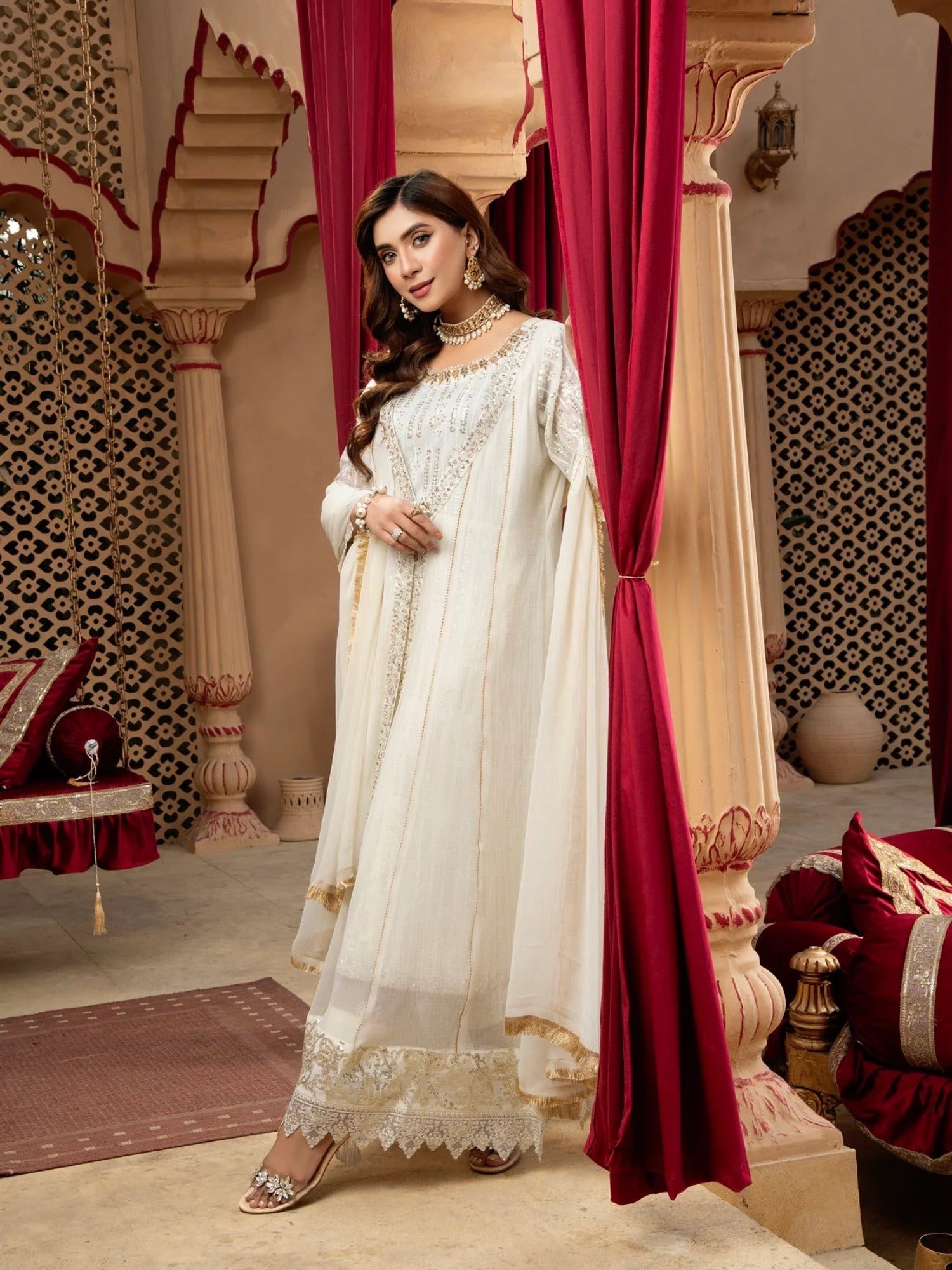 Manahil Arts Chiffon Embroidered Stitched 3-Piece Suit-Kurti-B-005-Off White