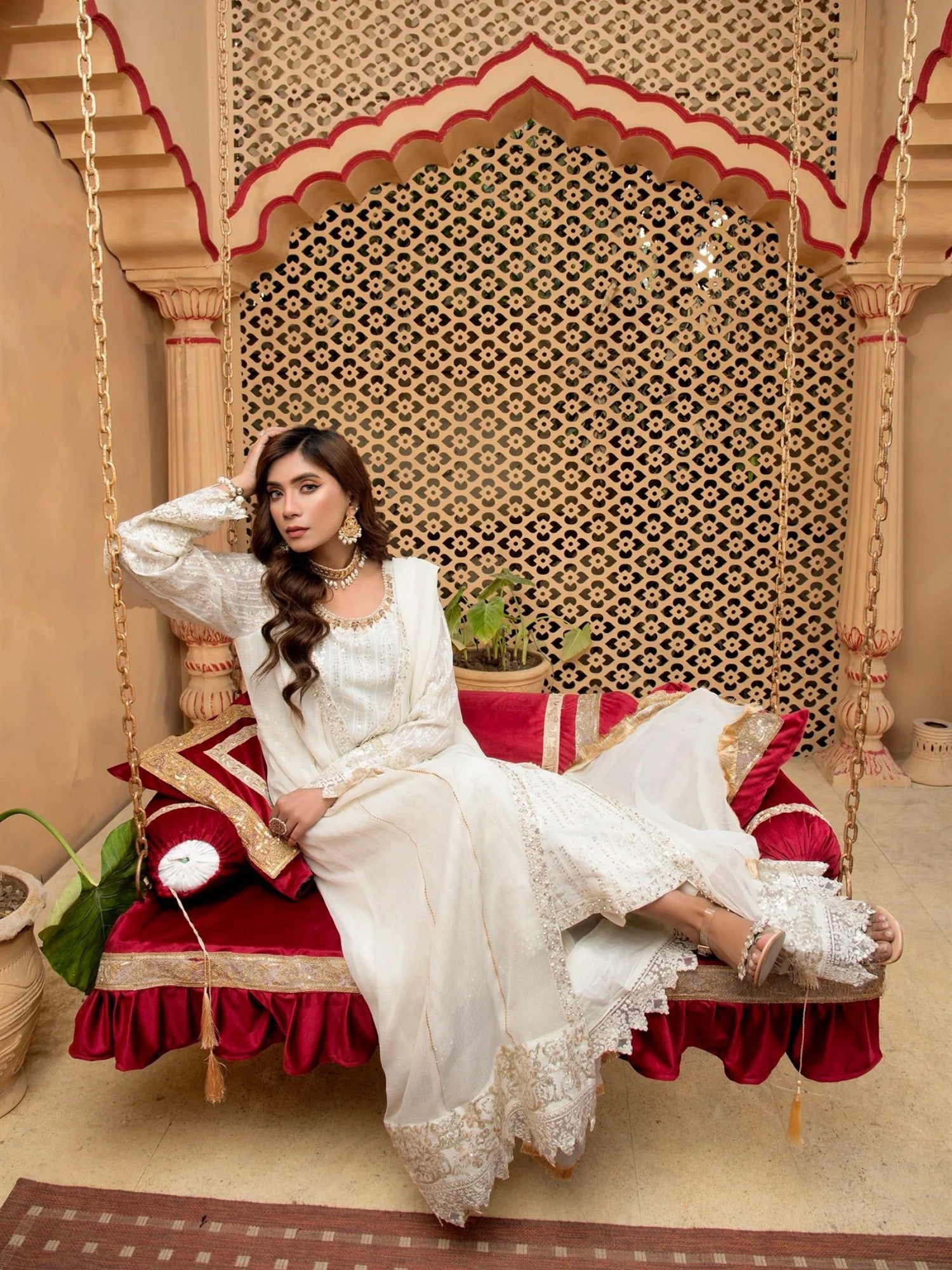 Manahil Arts Chiffon Embroidered Stitched 3-Piece Suit-Kurti-B-005-Off White