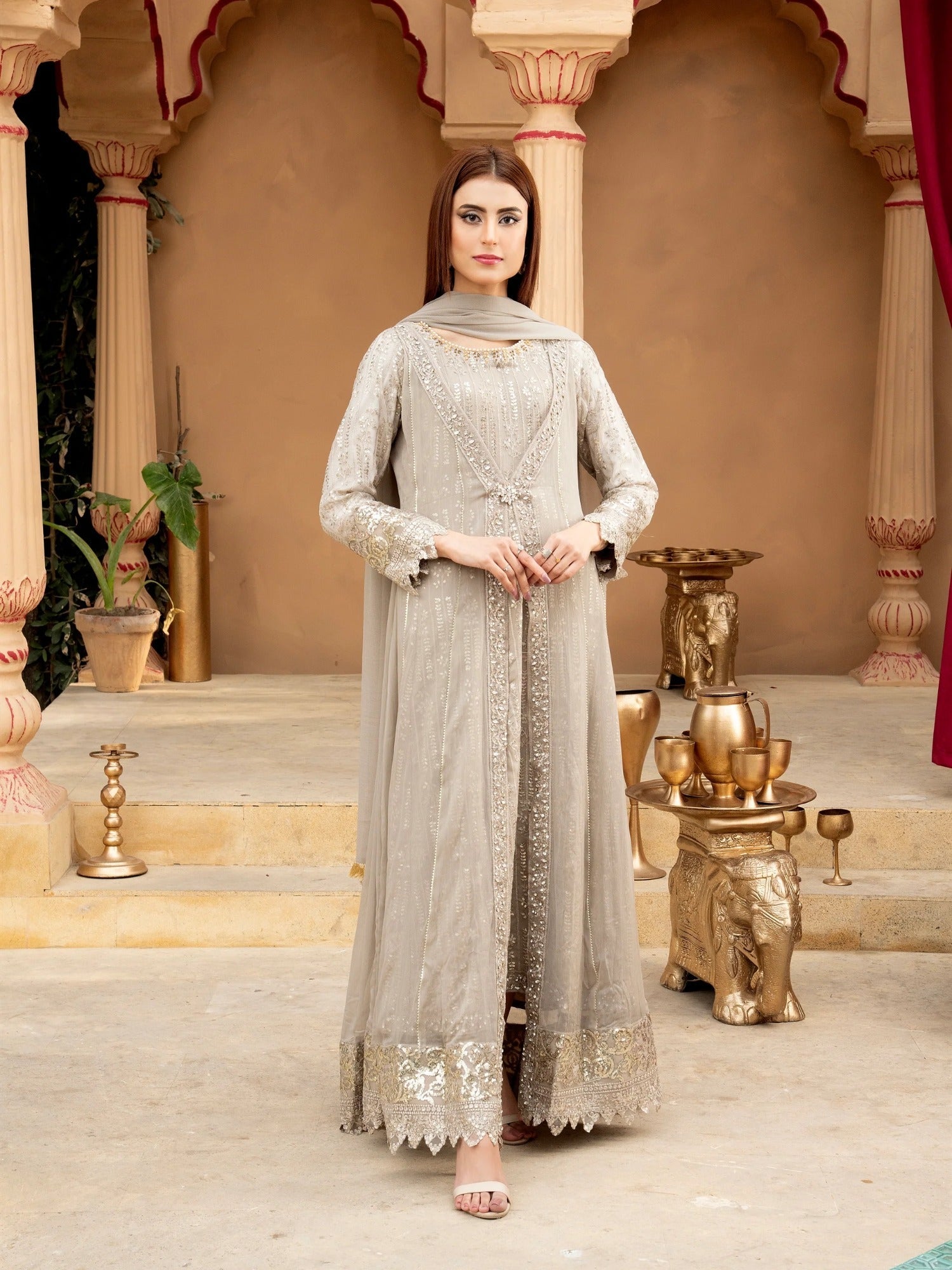 Manahil Arts Chiffon Embroidered Stitched 3-Piece Suit-Kurti-B-005-Sand