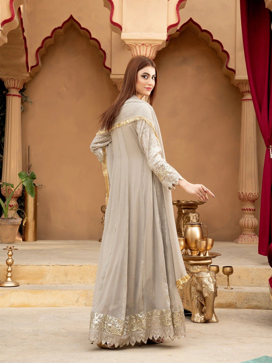 Manahil Arts Chiffon Embroidered Stitched 3-Piece Suit-Kurti-B-005-Sand