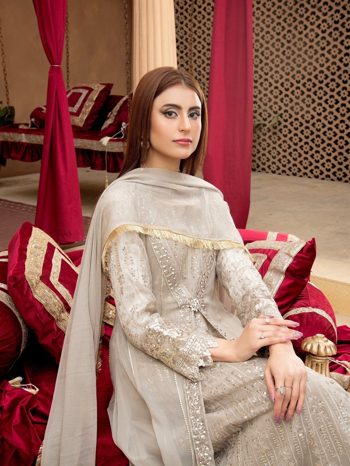 Manahil Arts Chiffon Embroidered Stitched 3-Piece Suit-Kurti-B-005-Sand