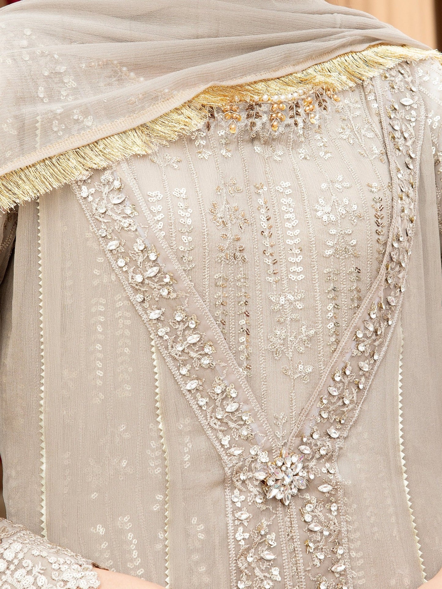 Manahil Arts Chiffon Embroidered Stitched 3-Piece Suit-Kurti-B-005-Sand