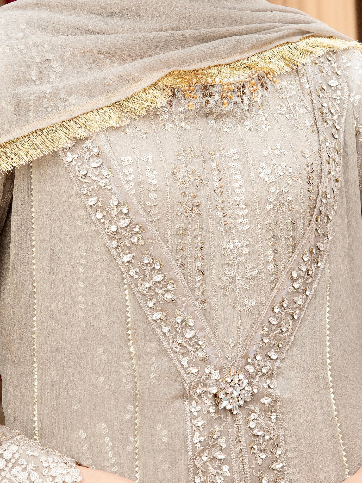 Manahil Arts Chiffon Embroidered Stitched 3-Piece Suit-Kurti-B-005-Sand