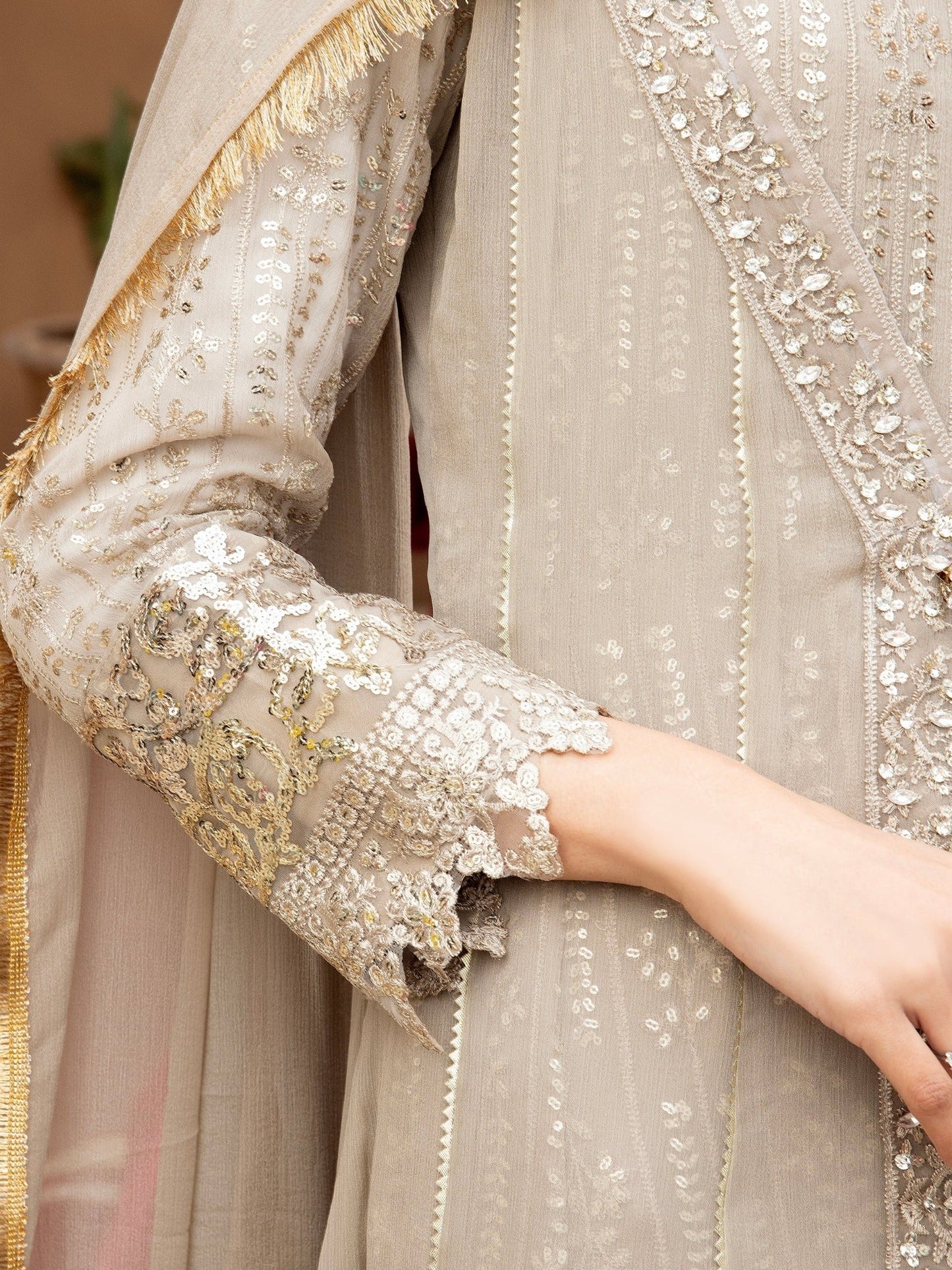 Manahil Arts Chiffon Embroidered Stitched 3-Piece Suit-Kurti-B-005-Sand