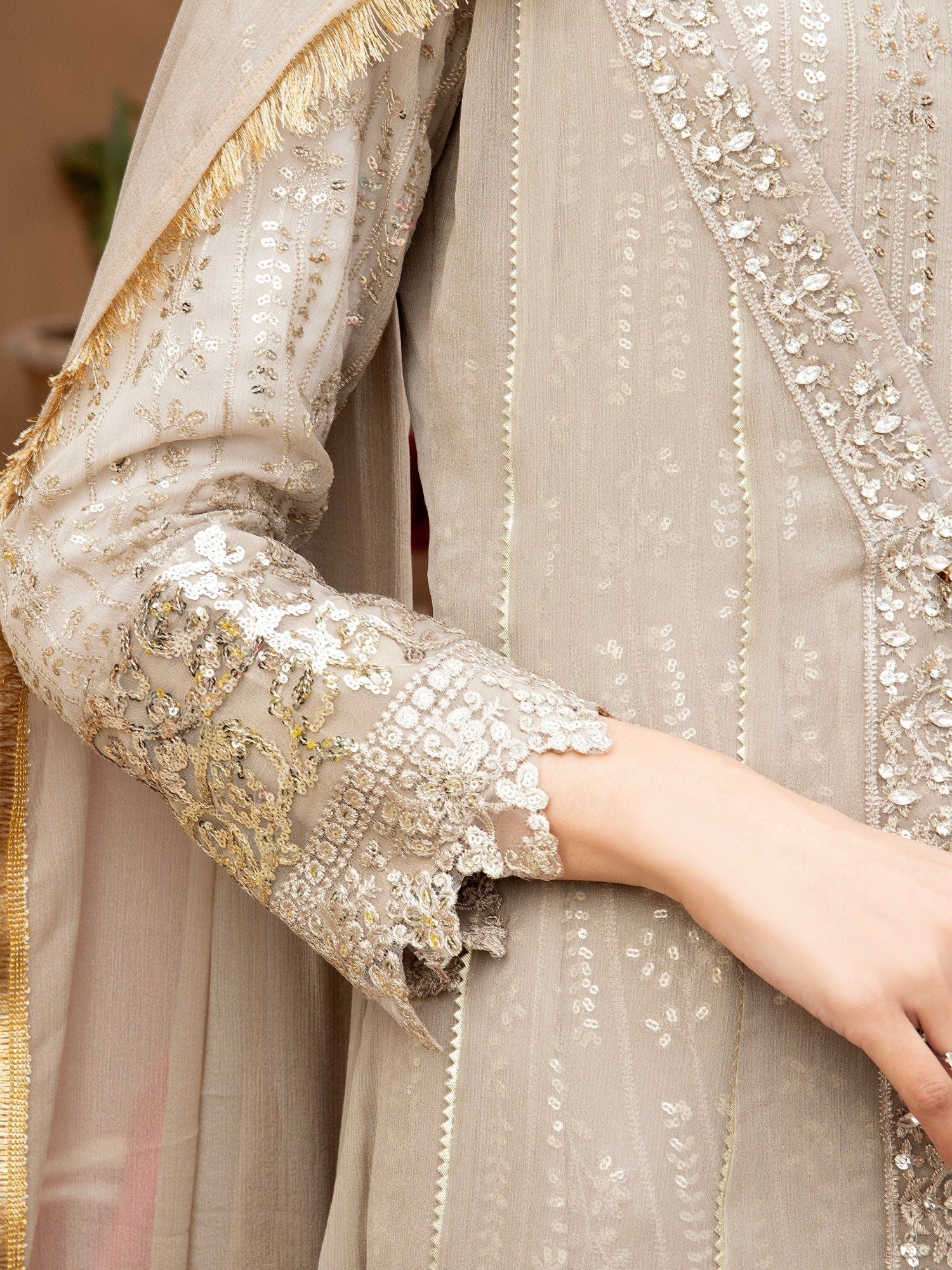Manahil Arts Chiffon Embroidered Stitched 3-Piece Suit-Kurti-B-005-Sand