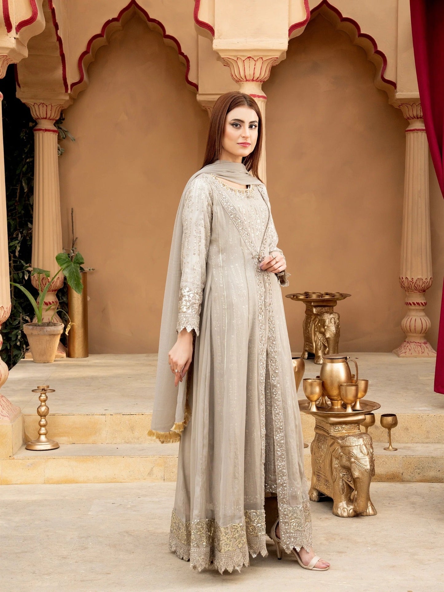 Manahil Arts Chiffon Embroidered Stitched 3-Piece Suit-Kurti-B-005-Sand