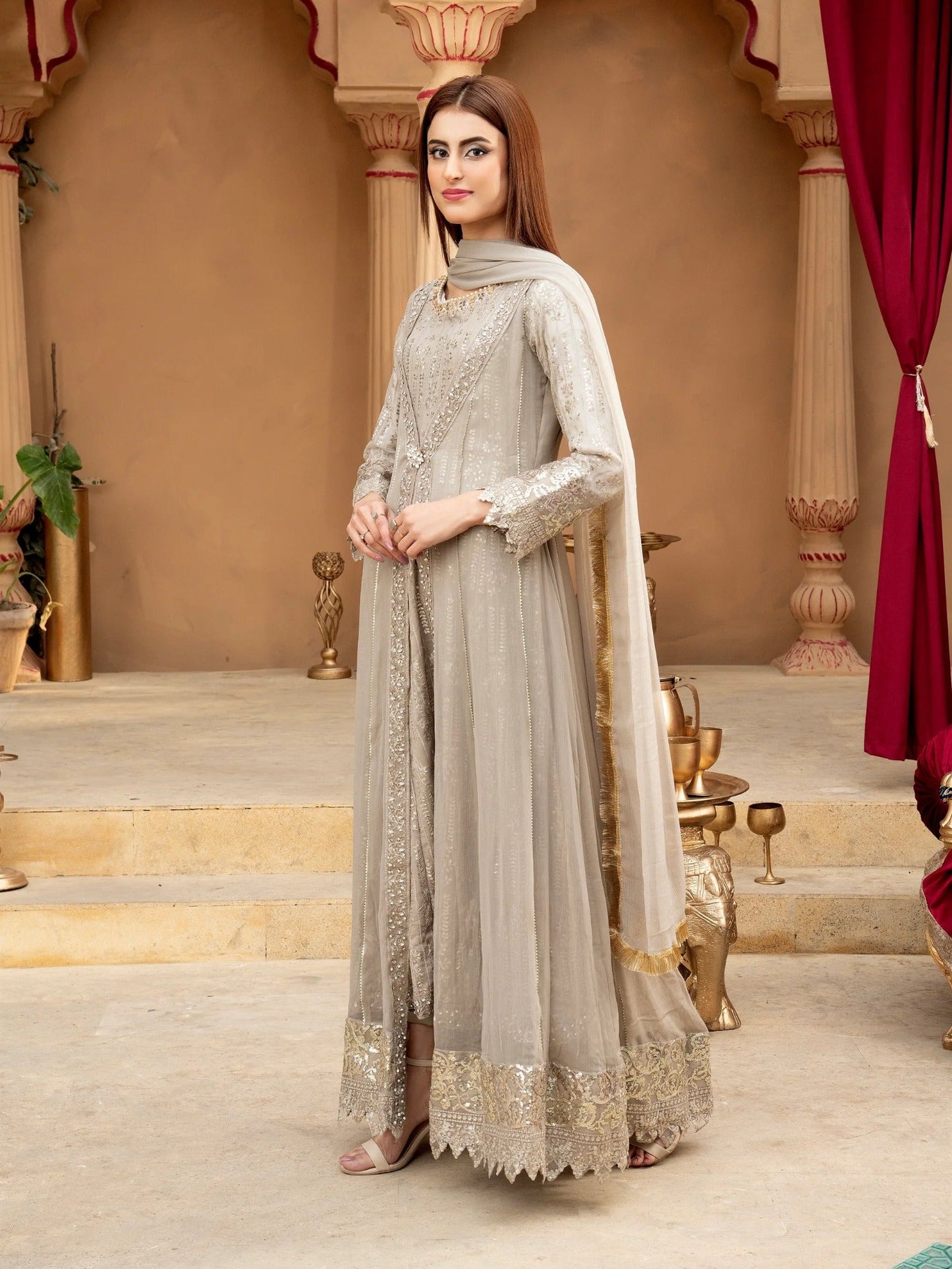 Manahil Arts Chiffon Embroidered Stitched 3-Piece Suit-Kurti-B-005-Sand