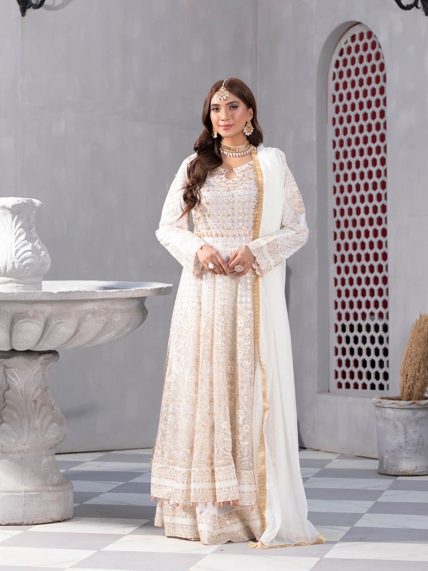 Manahil Arts Net Embroidered Stitched 3-Piece Suit-Kurti-B-002-Off White
