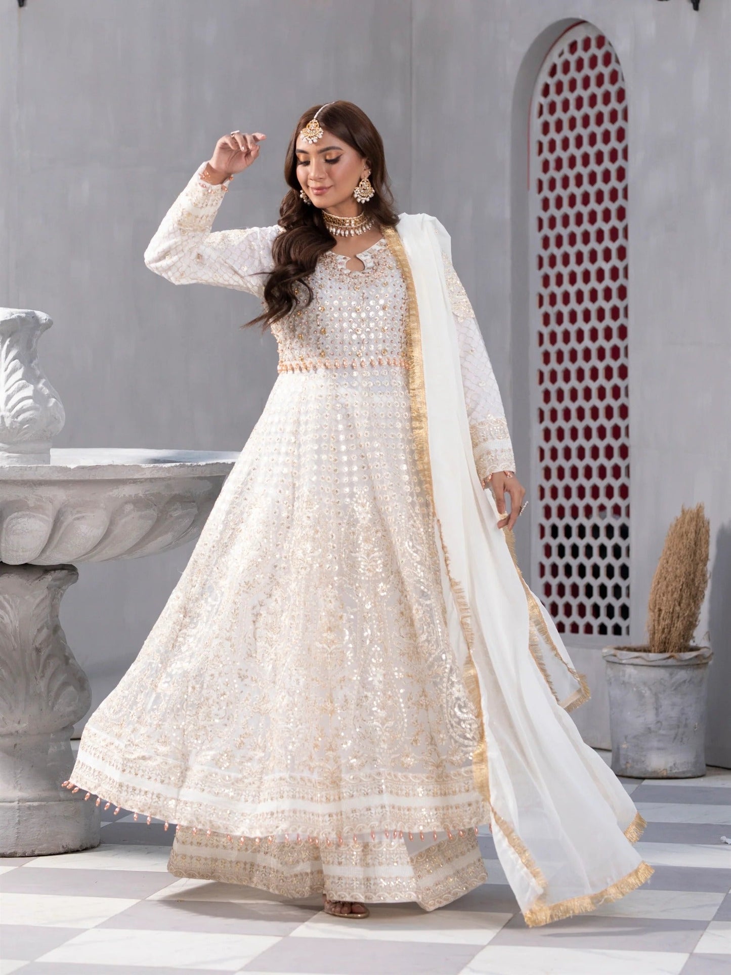 Manahil Arts Net Embroidered Stitched 3-Piece Suit-Kurti-B-002-Off White