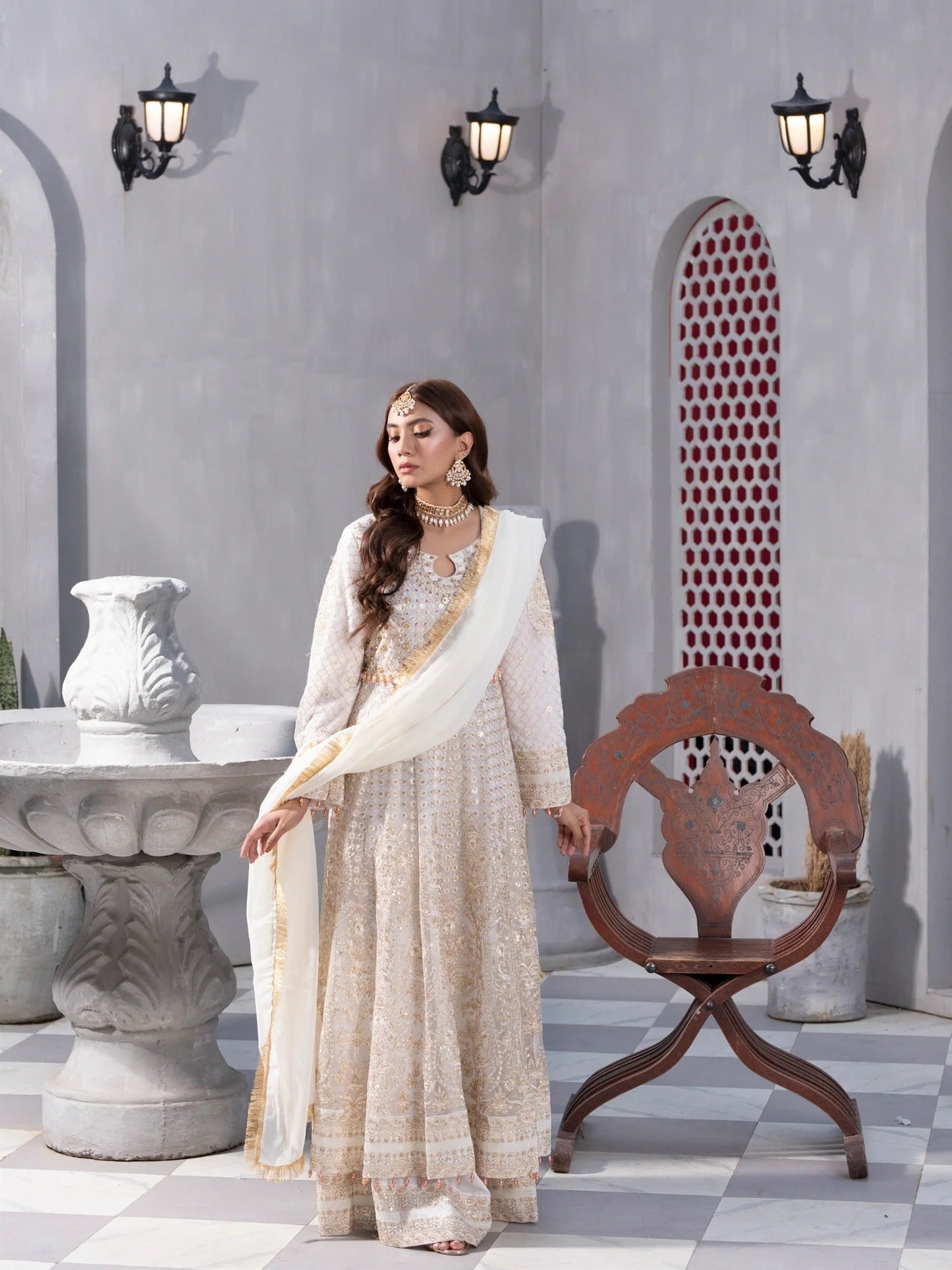 Manahil Arts Net Embroidered Stitched 3-Piece Suit-Kurti-B-002-Off White
