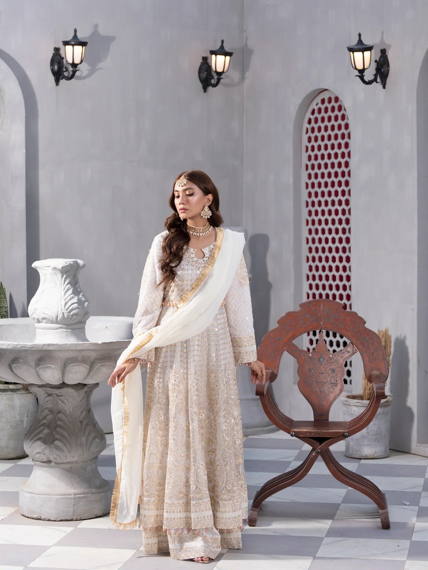 Manahil Arts Net Embroidered Stitched 3-Piece Suit-Kurti-B-002-Off White