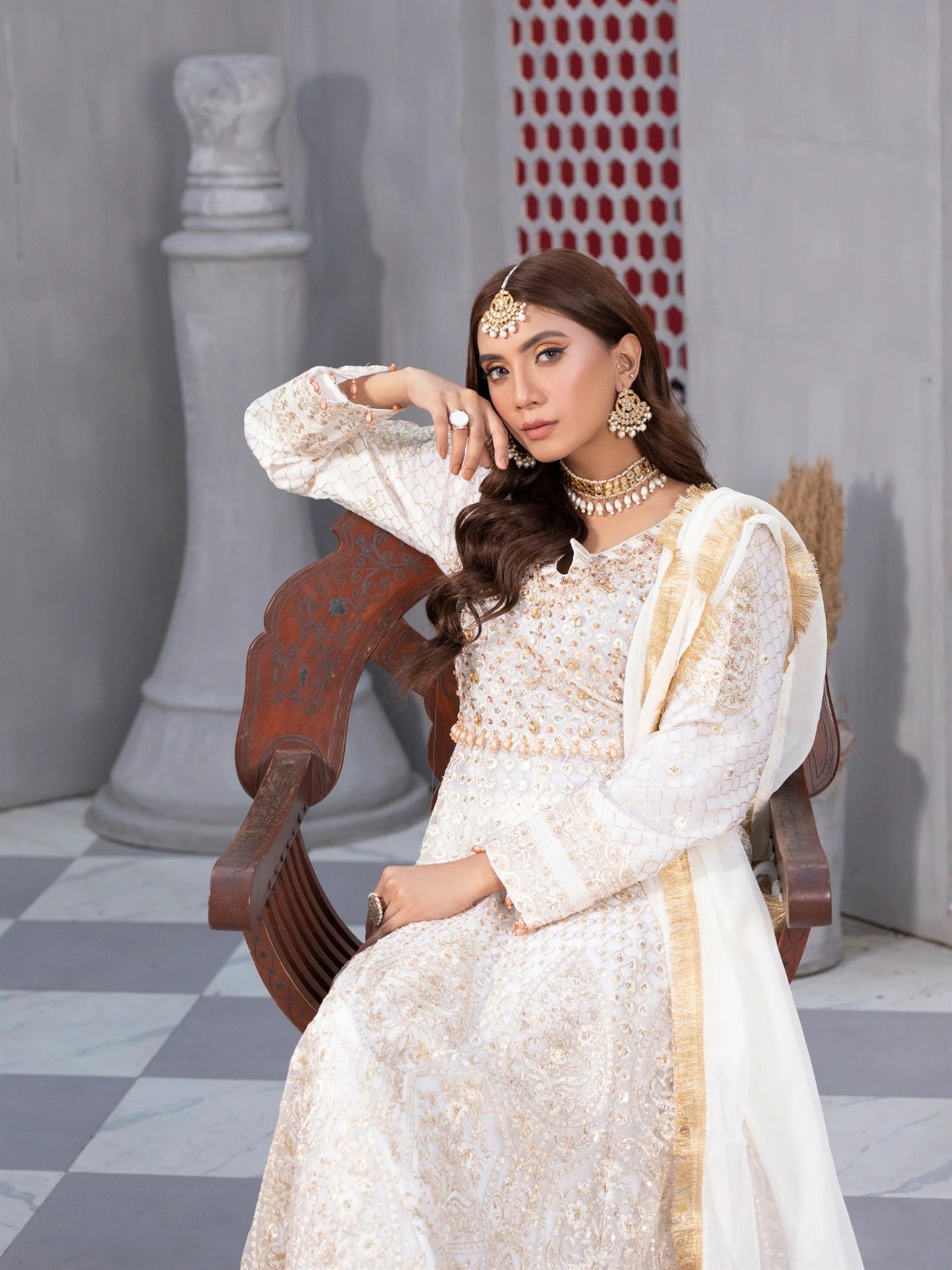 Manahil Arts Net Embroidered Stitched 3-Piece Suit-Kurti-B-002-Off White