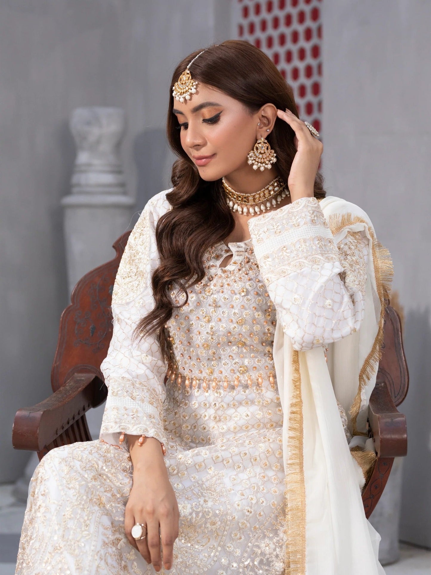 Manahil Arts Net Embroidered Stitched 3-Piece Suit-Kurti-B-002-Off White