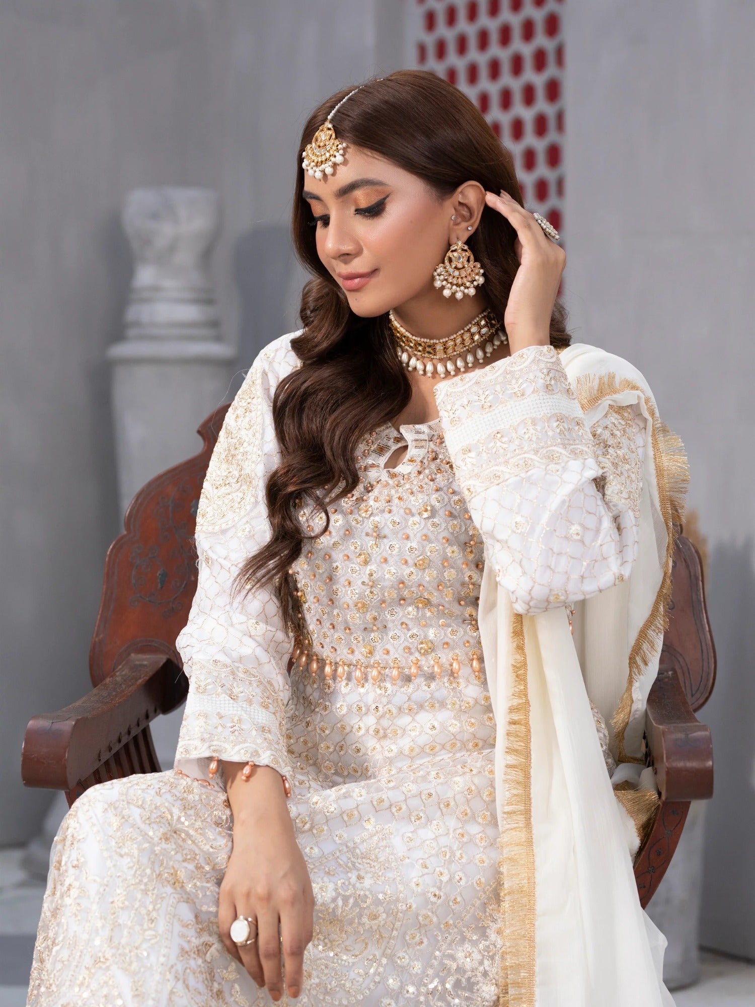 Manahil Arts Net Embroidered Stitched 3-Piece Suit-Kurti-B-002-Off White