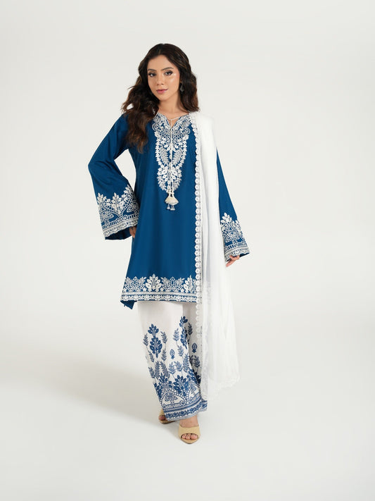 Blue--Arshman's Lawn Embroidered Stitched 3-Piece Suit-ARS-042-Ivory Glow