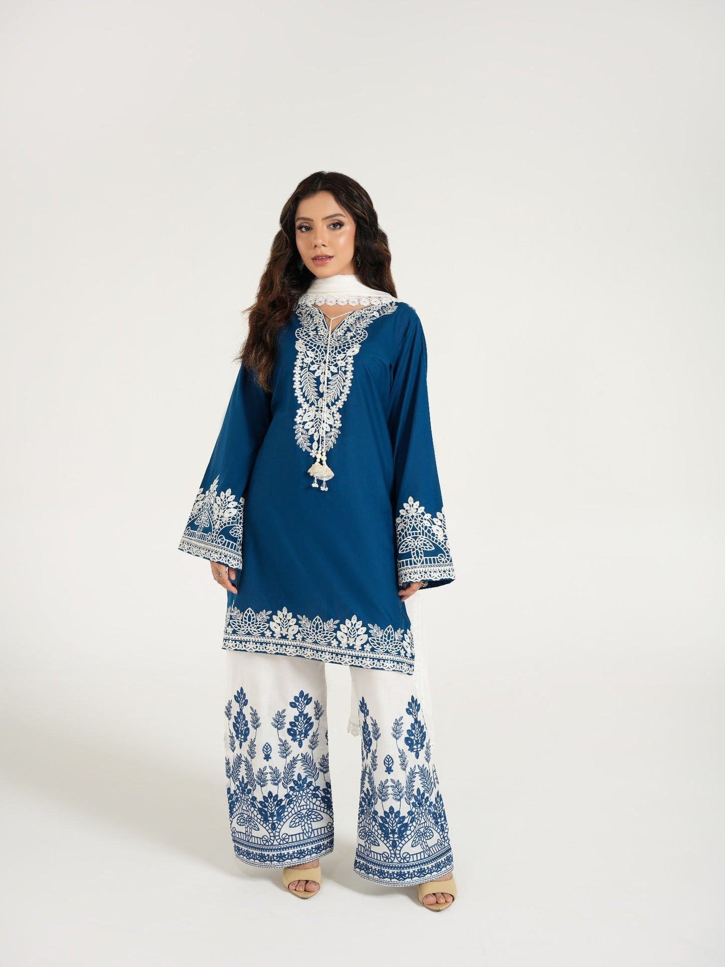 Blue--Arshman's Lawn Embroidered Stitched 3-Piece Suit-ARS-042-Ivory Glow