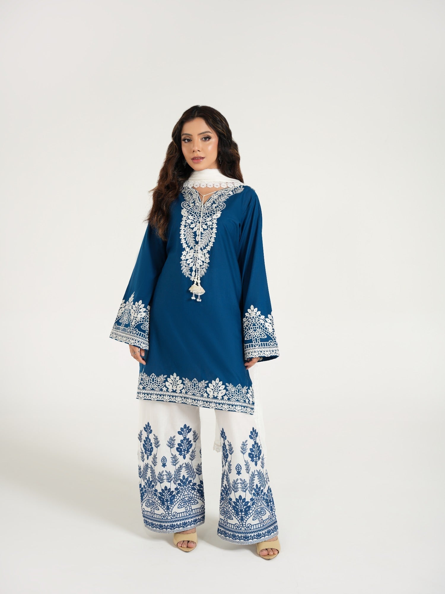 Blue--Arshman's Lawn Embroidered Stitched 3-Piece Suit-ARS-042-Ivory Glow