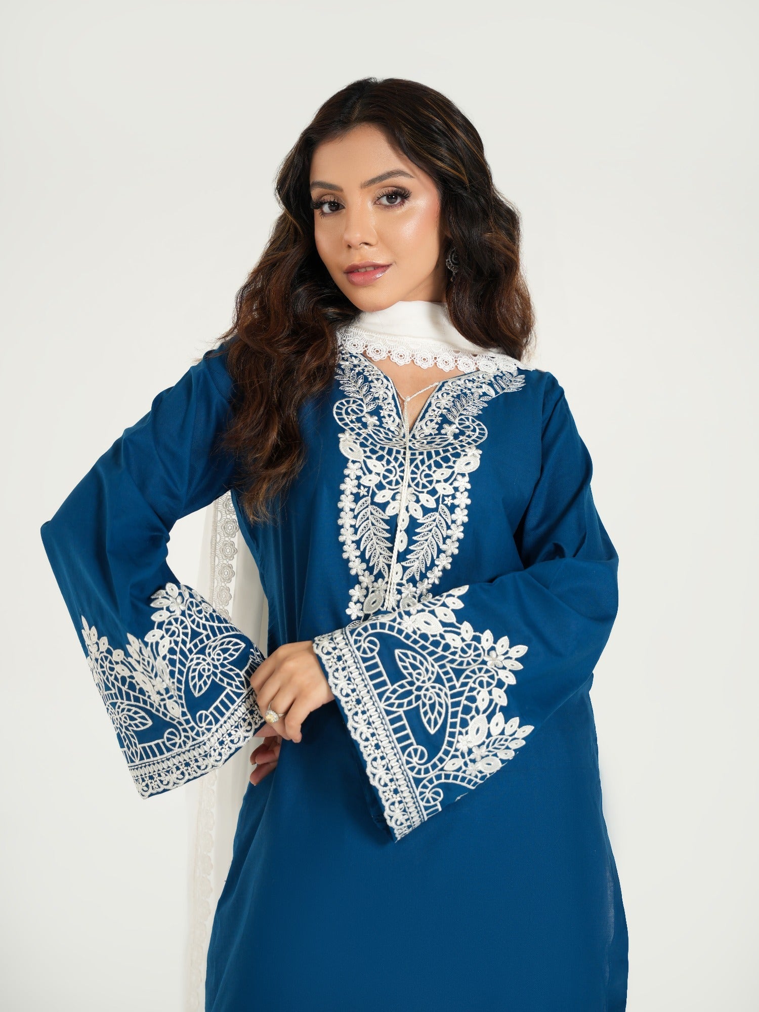 Blue--Arshman's Lawn Embroidered Stitched 3-Piece Suit-ARS-042-Ivory Glow