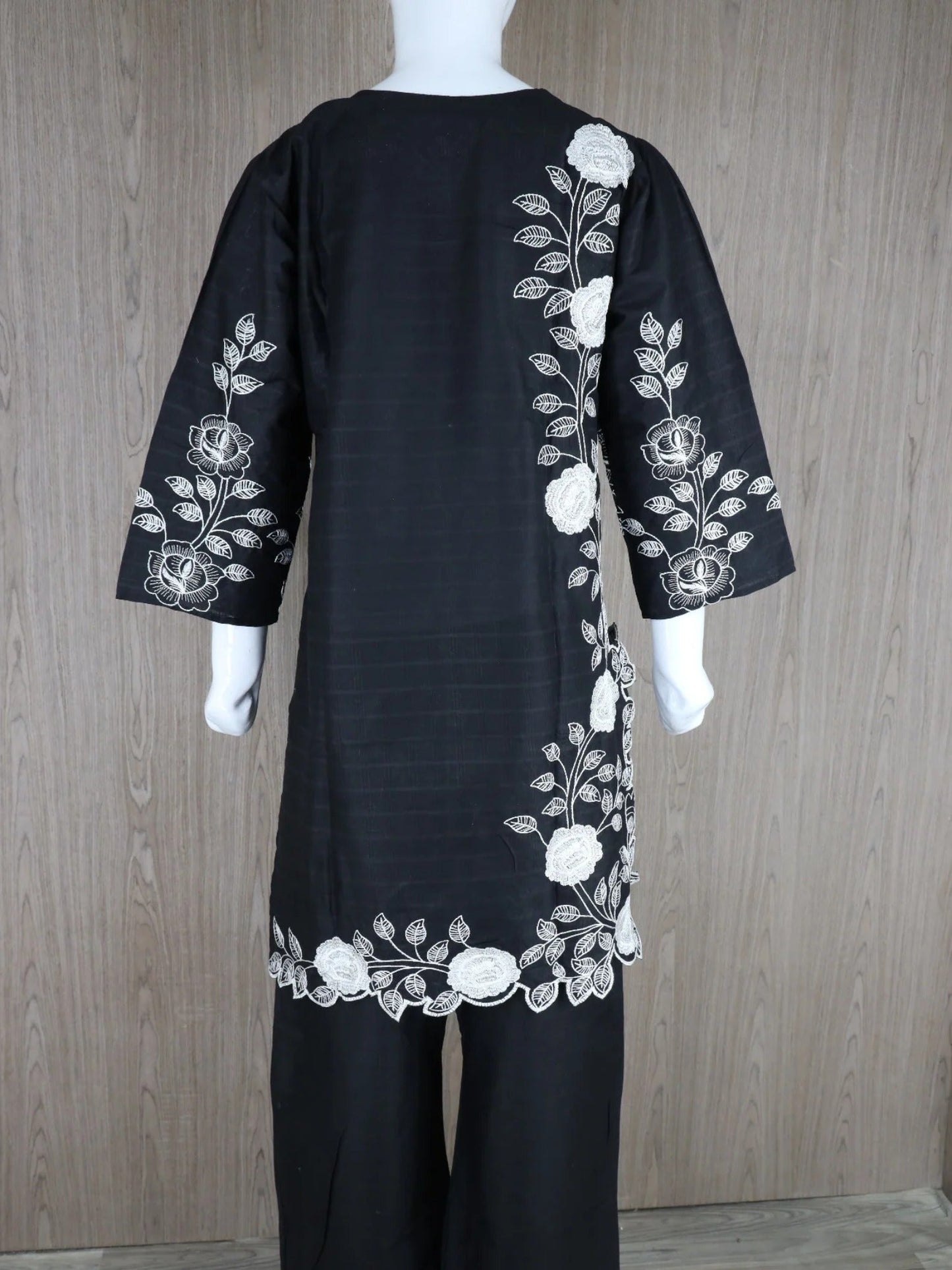 Black HEM Cotton Embroidered Stitched 3-Piece Suit-Loria