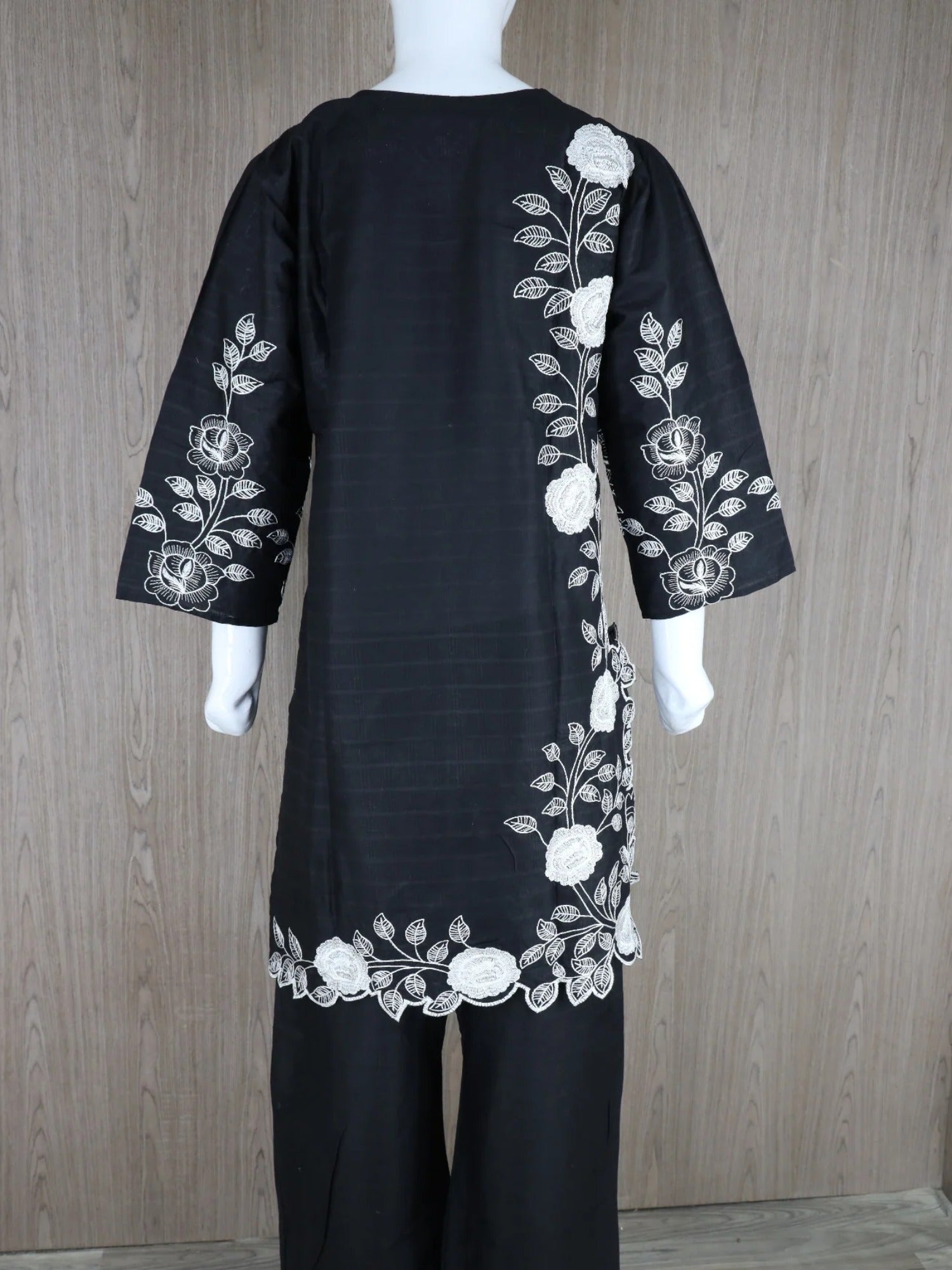 Black HEM Cotton Embroidered Stitched 3-Piece Suit-Loria