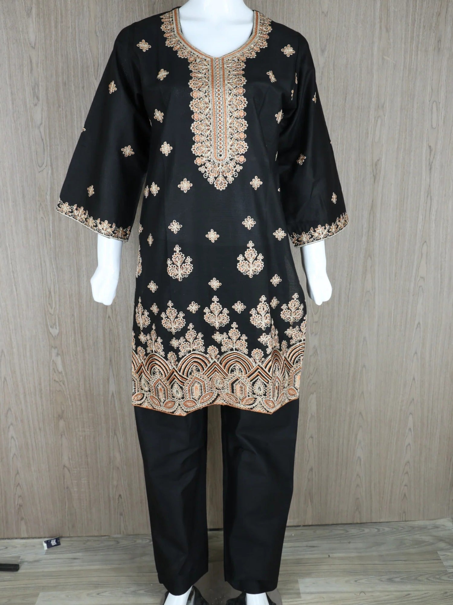 Black HEM Cotton Embroidered Stitched 3-Piece Suit-Zimal
