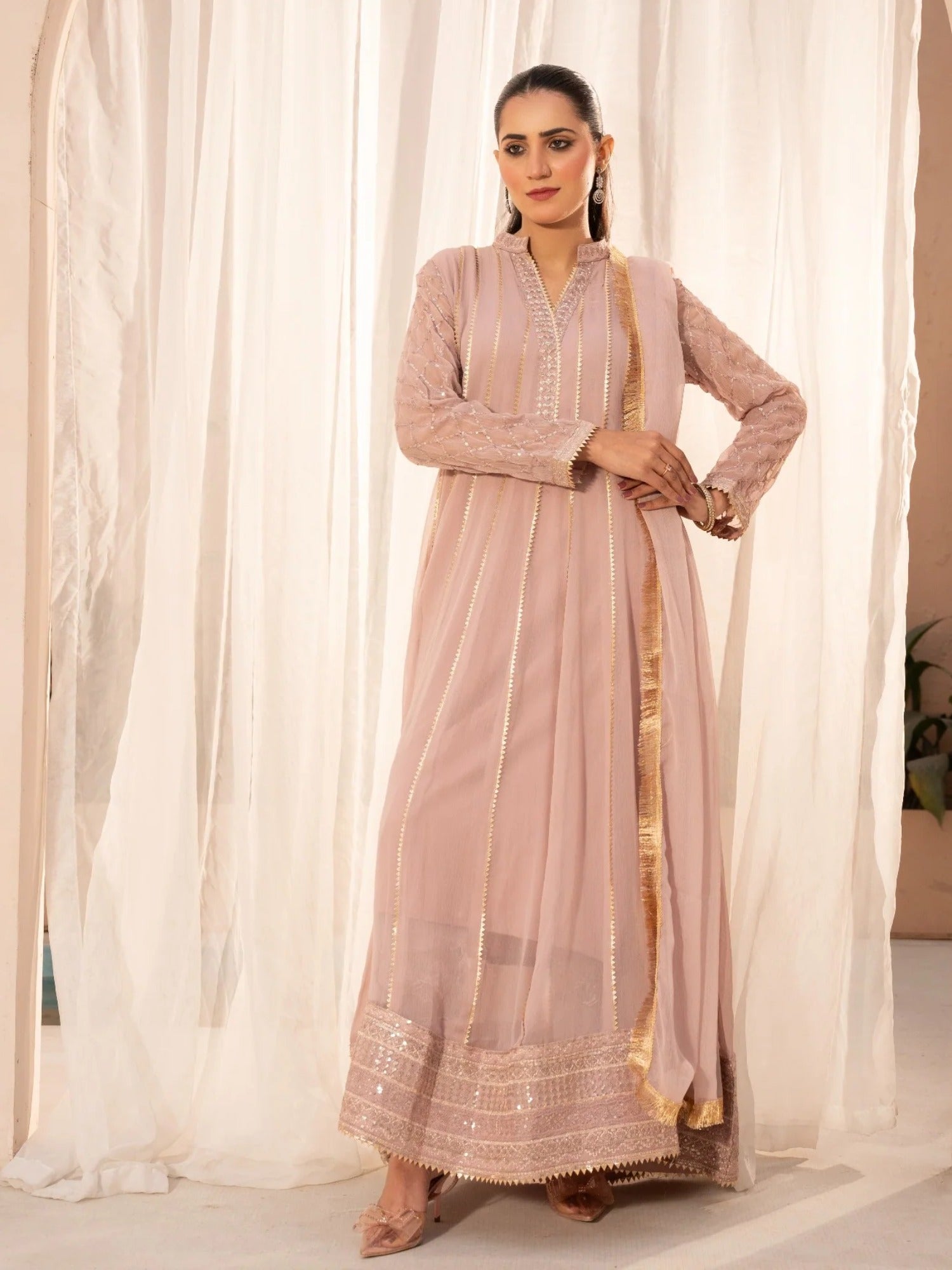 Pink HEM Chiffon Embellished Maxi-Kashish-Baby Pink