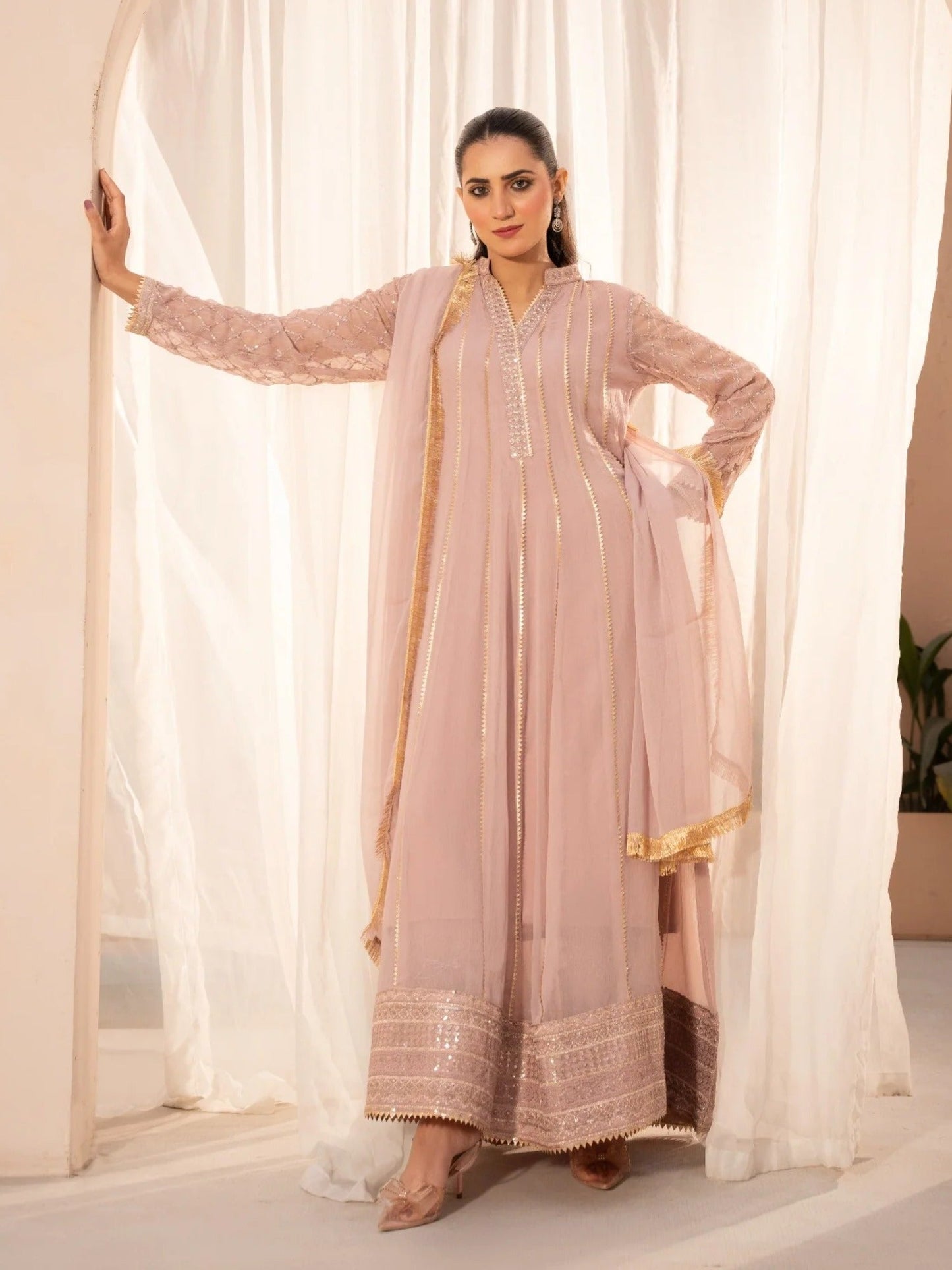 Pink HEM Chiffon Embellished Maxi-Kashish-Baby Pink