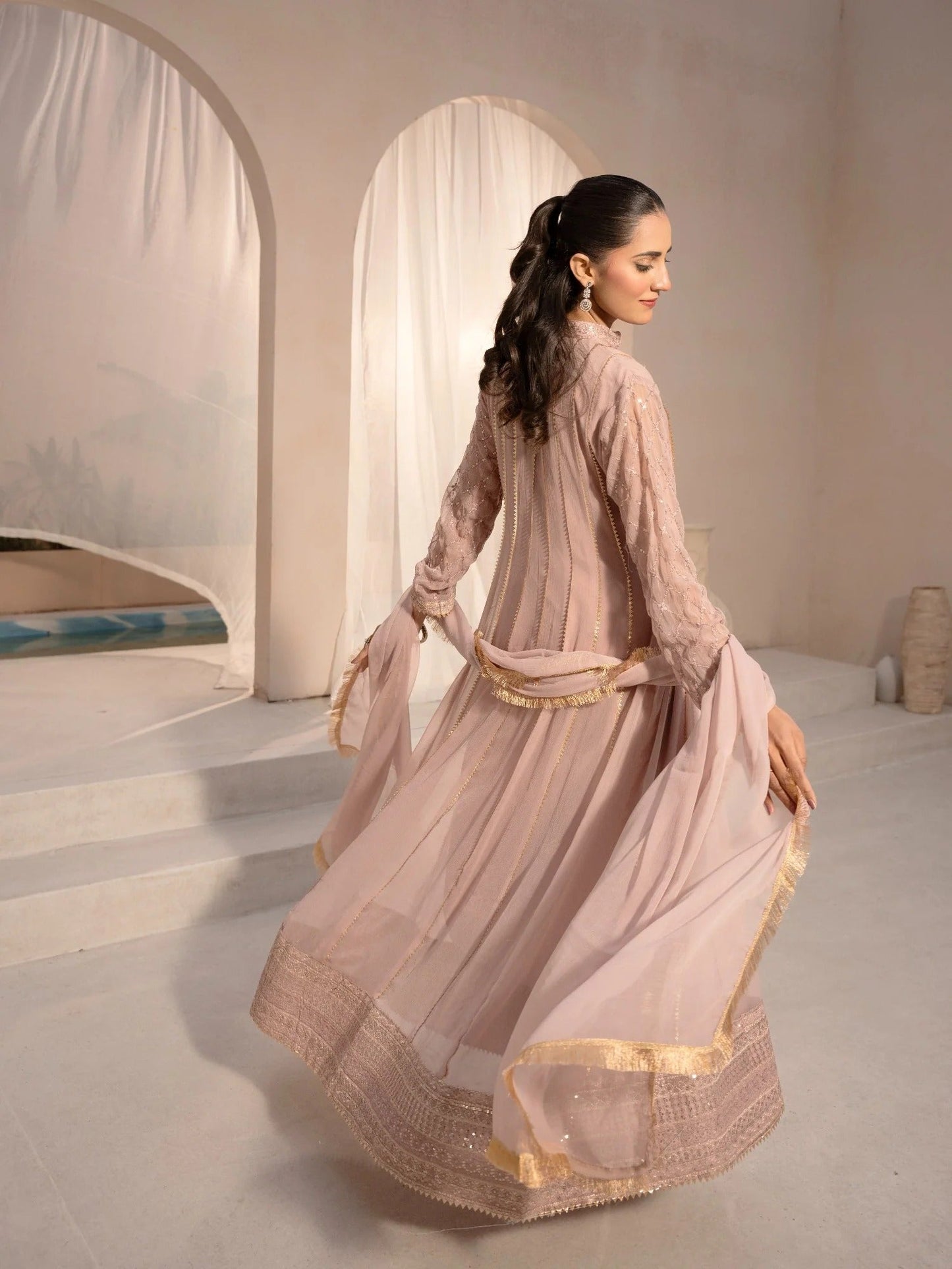 Pink HEM Chiffon Embellished Maxi-Kashish-Baby Pink