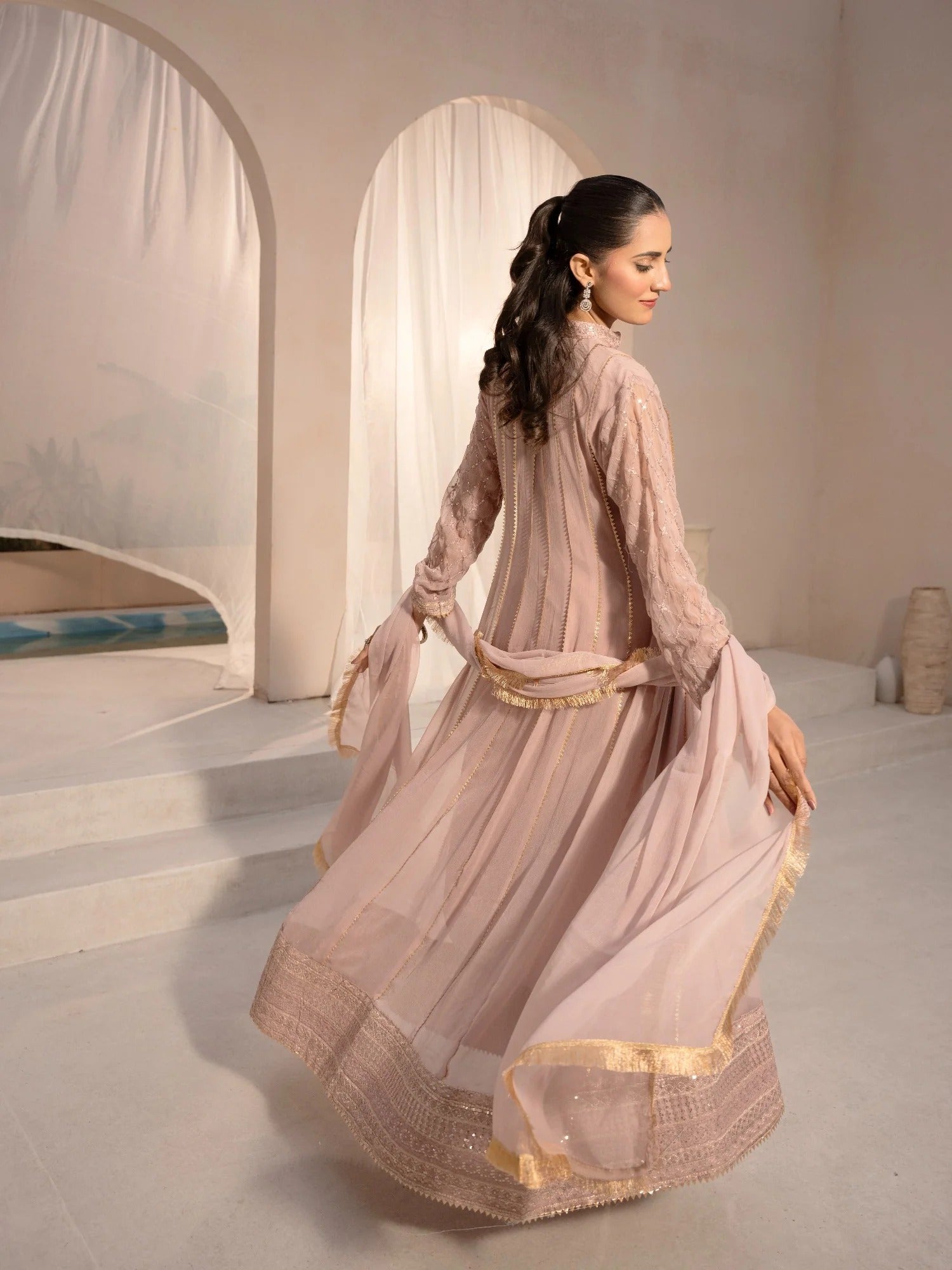 Pink HEM Chiffon Embellished Maxi-Kashish-Baby Pink
