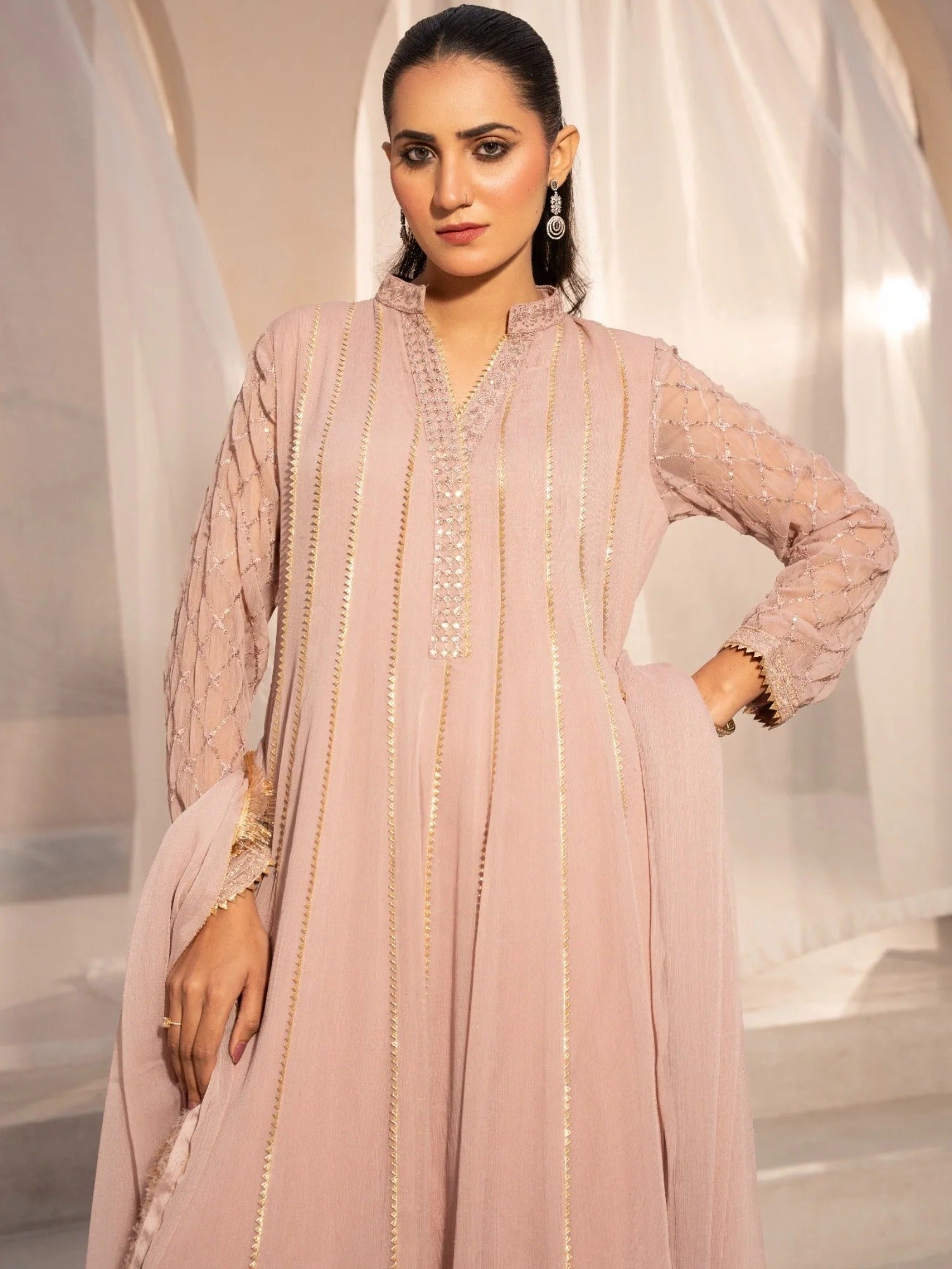 Pink HEM Chiffon Embellished Maxi-Kashish-Baby Pink