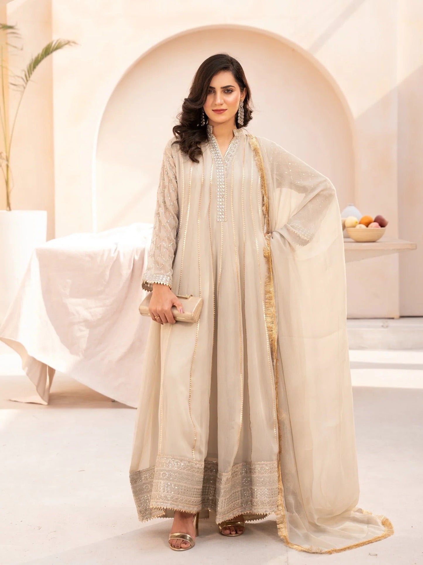 Beige HEM Chiffon Embellished Maxi-Kashish-Beige