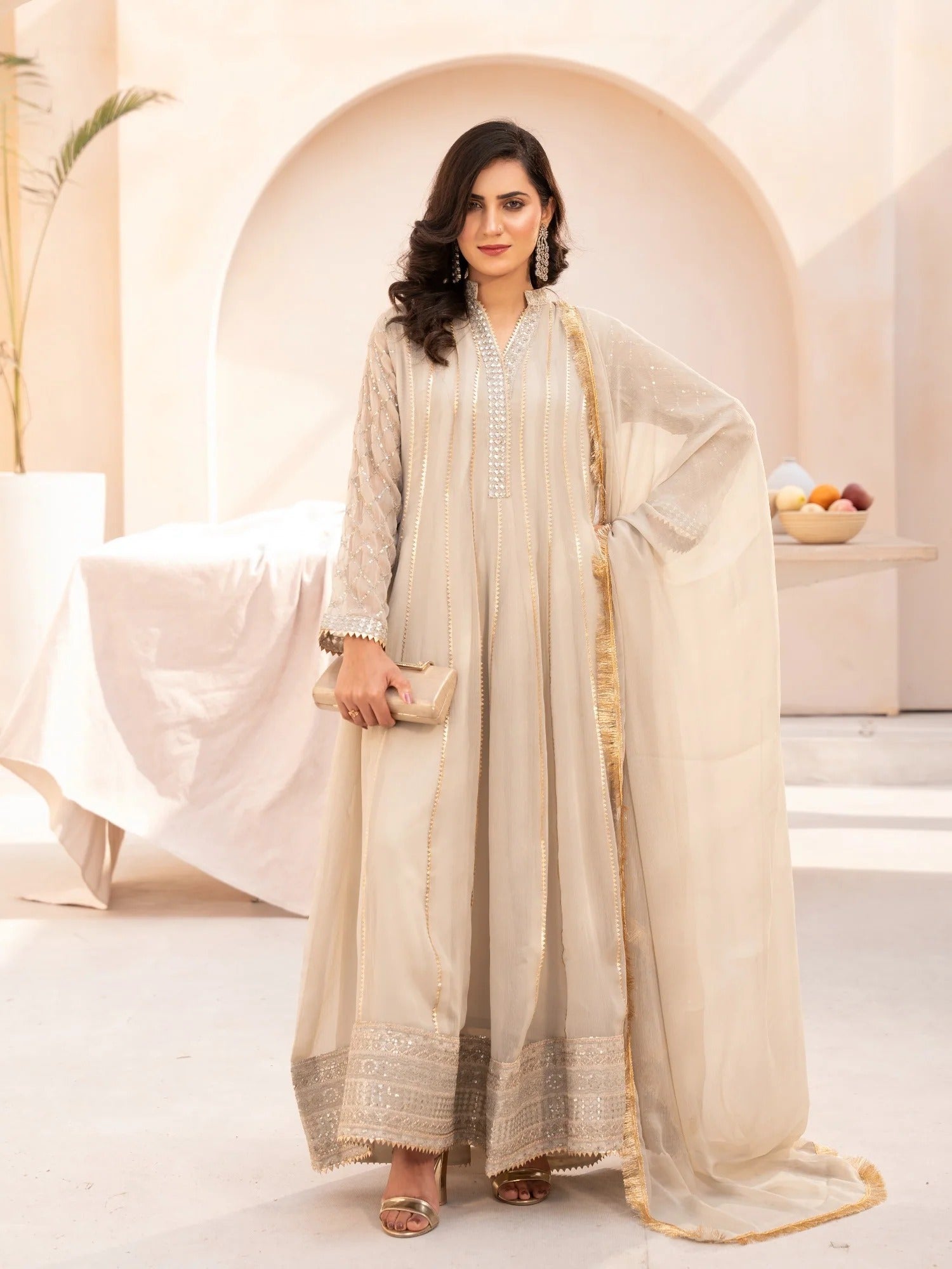 Beige HEM Chiffon Embellished Maxi-Kashish-Beige