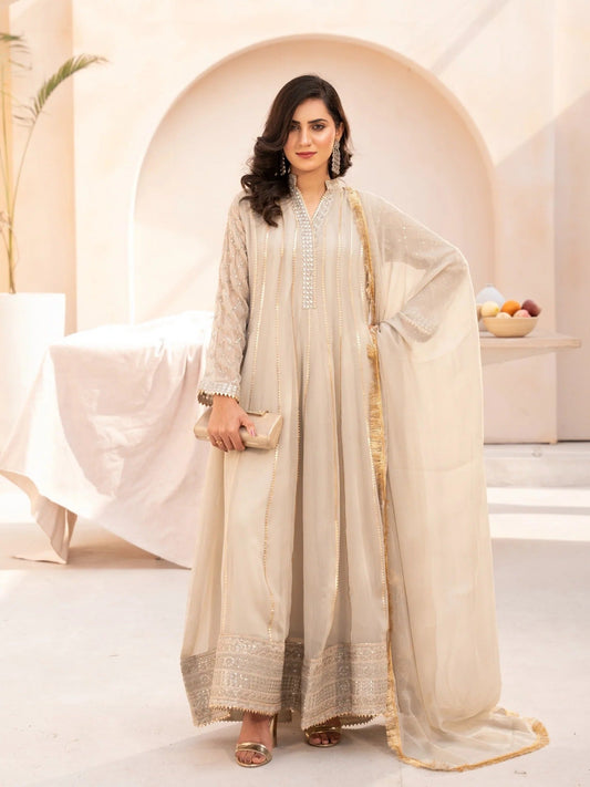 Beige HEM Chiffon Embellished Maxi-Kashish-Beige