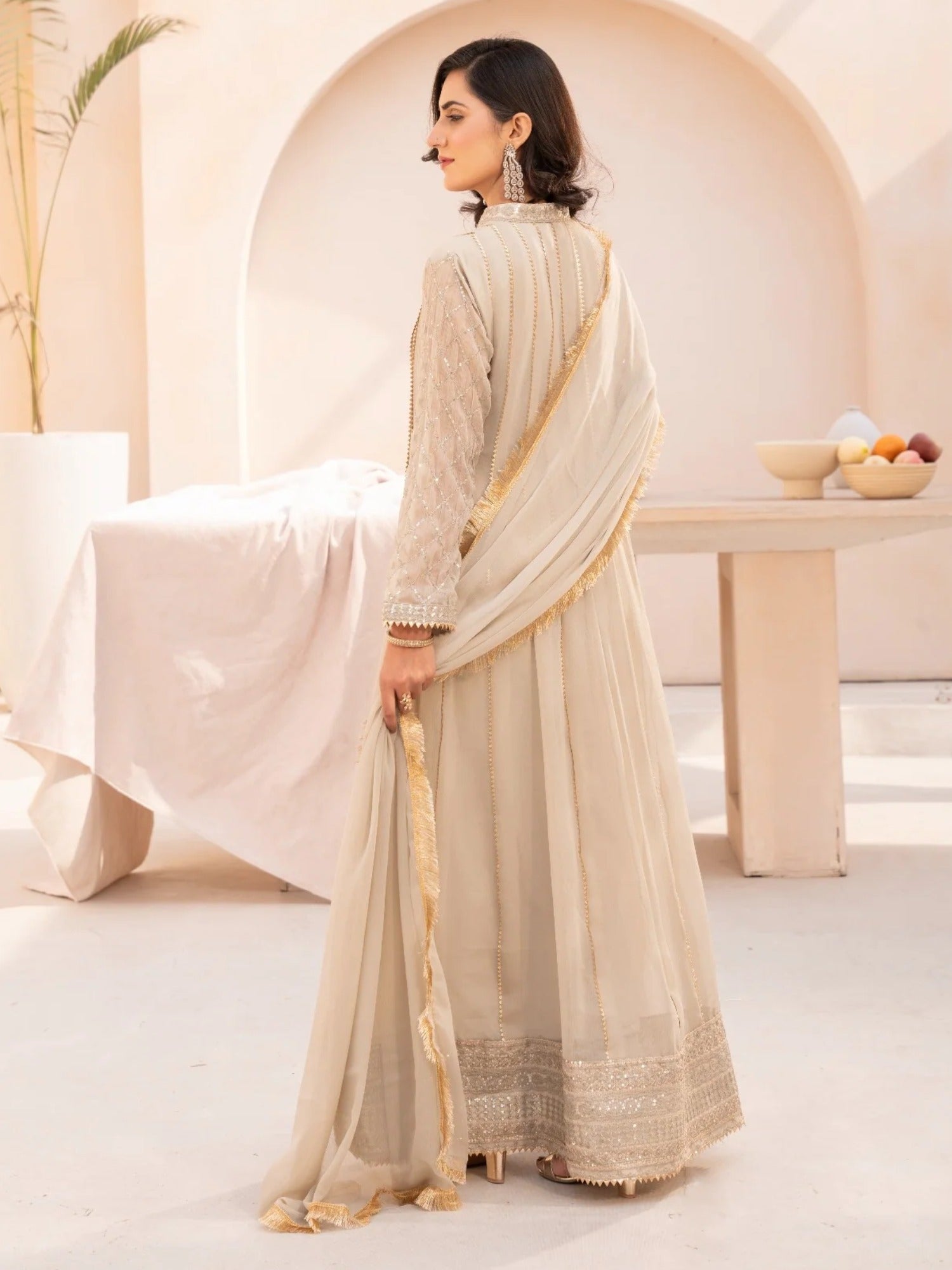 Beige HEM Chiffon Embellished Maxi-Kashish-Beige