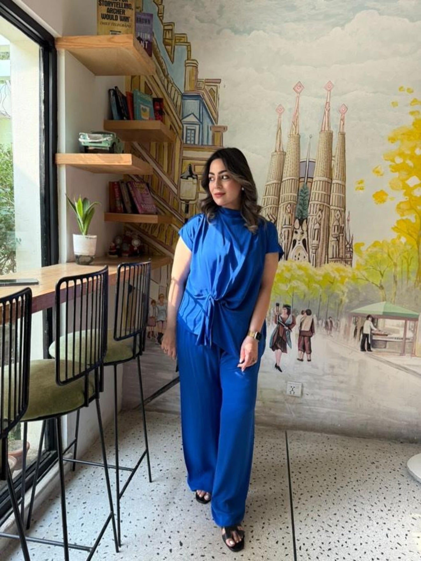 Blue Manahil Arts Crepe Georgette Co-Ord Set-Candle Knot Set Blue