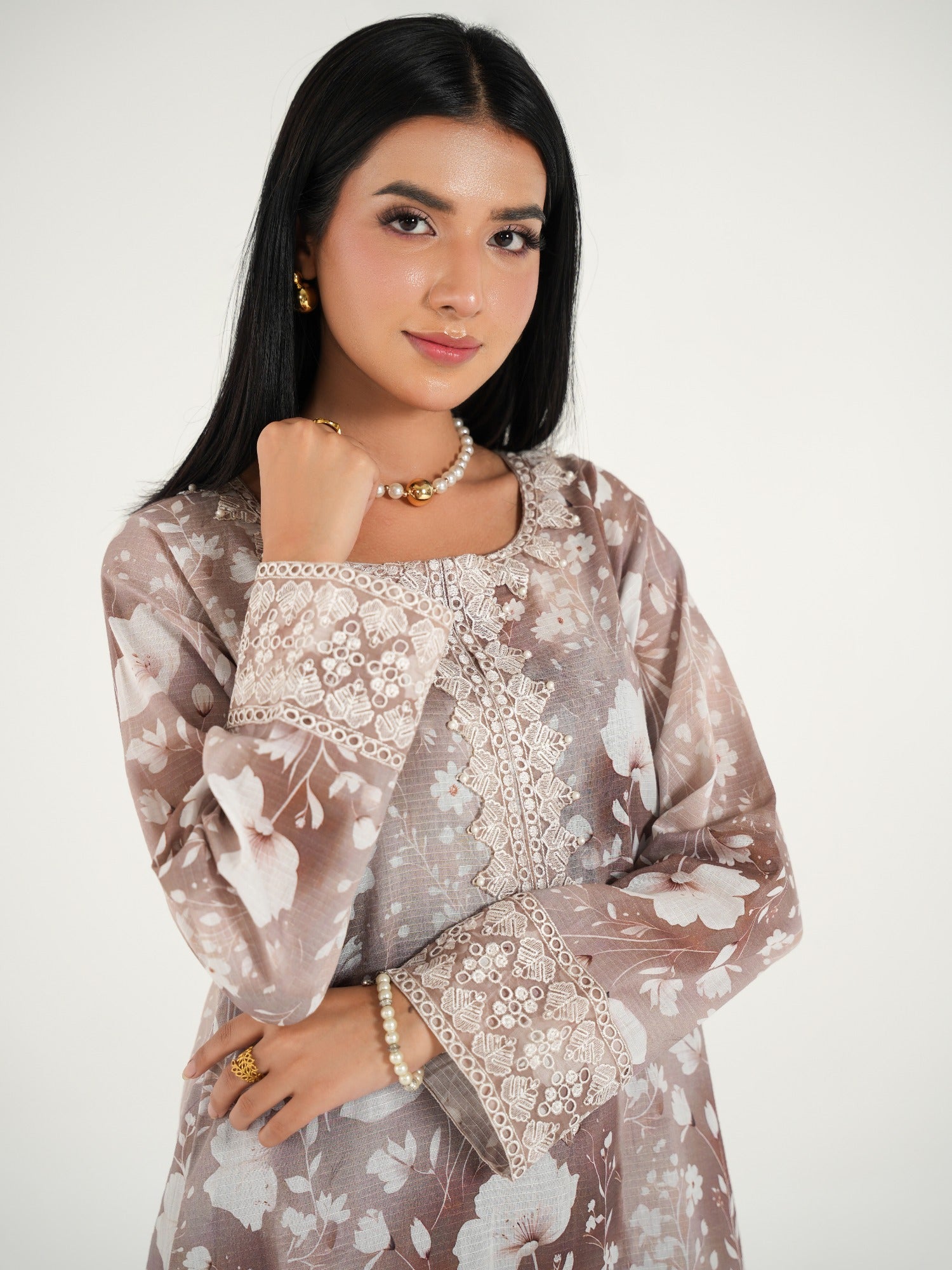 Taupe-Arshman's Lawn Embroidered Stitched 3-Piece Suit-ARS-045 Khaki Noor