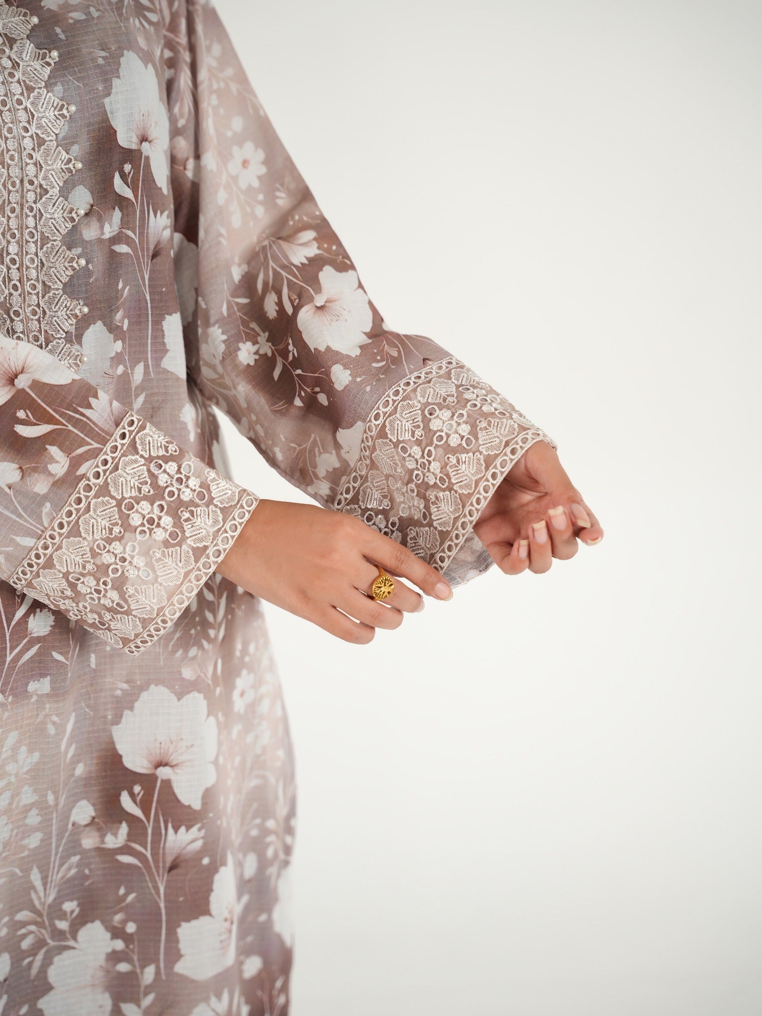 Taupe-Arshman's Lawn Embroidered Stitched 3-Piece Suit-ARS-045 Khaki Noor
