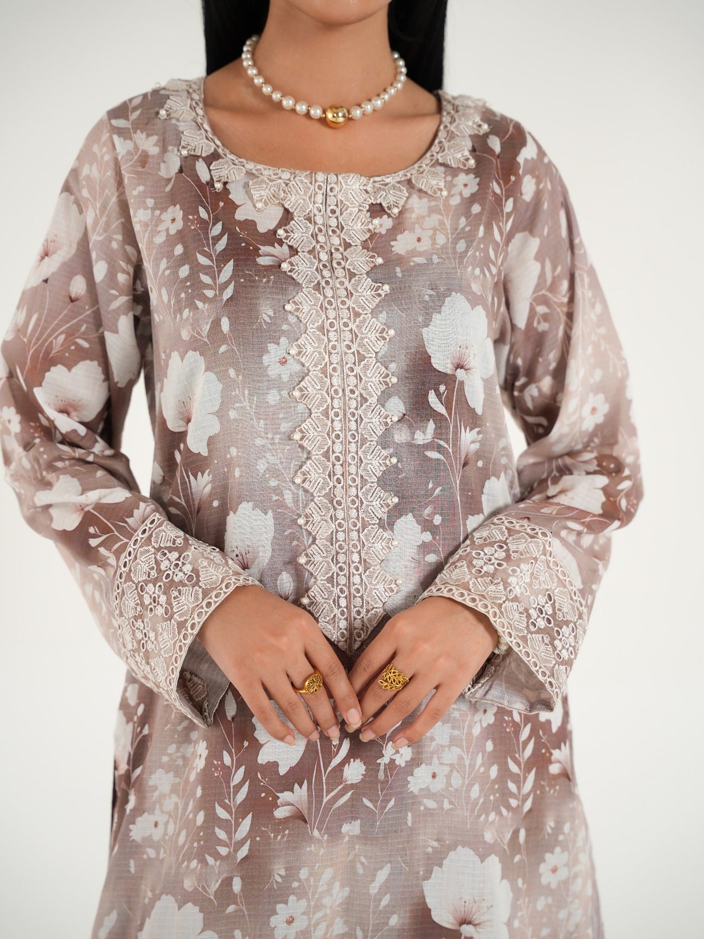 Taupe-Arshman's Lawn Embroidered Stitched 3-Piece Suit-ARS-045 Khaki Noor