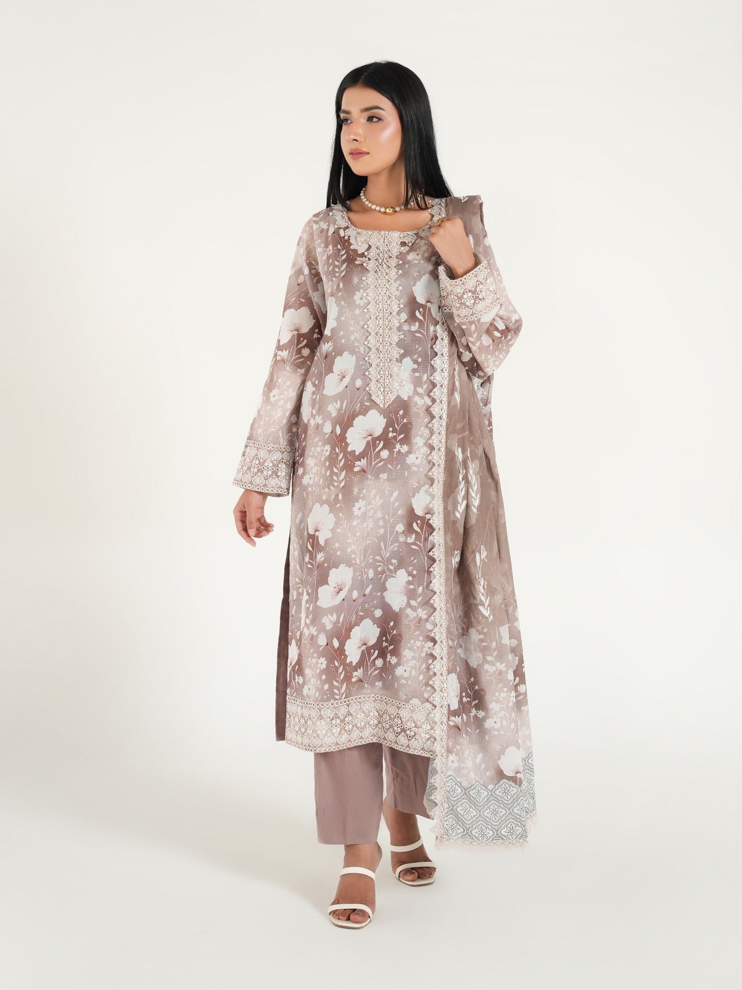 Taupe-Arshman's Lawn Embroidered Stitched 3-Piece Suit-ARS-045 Khaki Noor